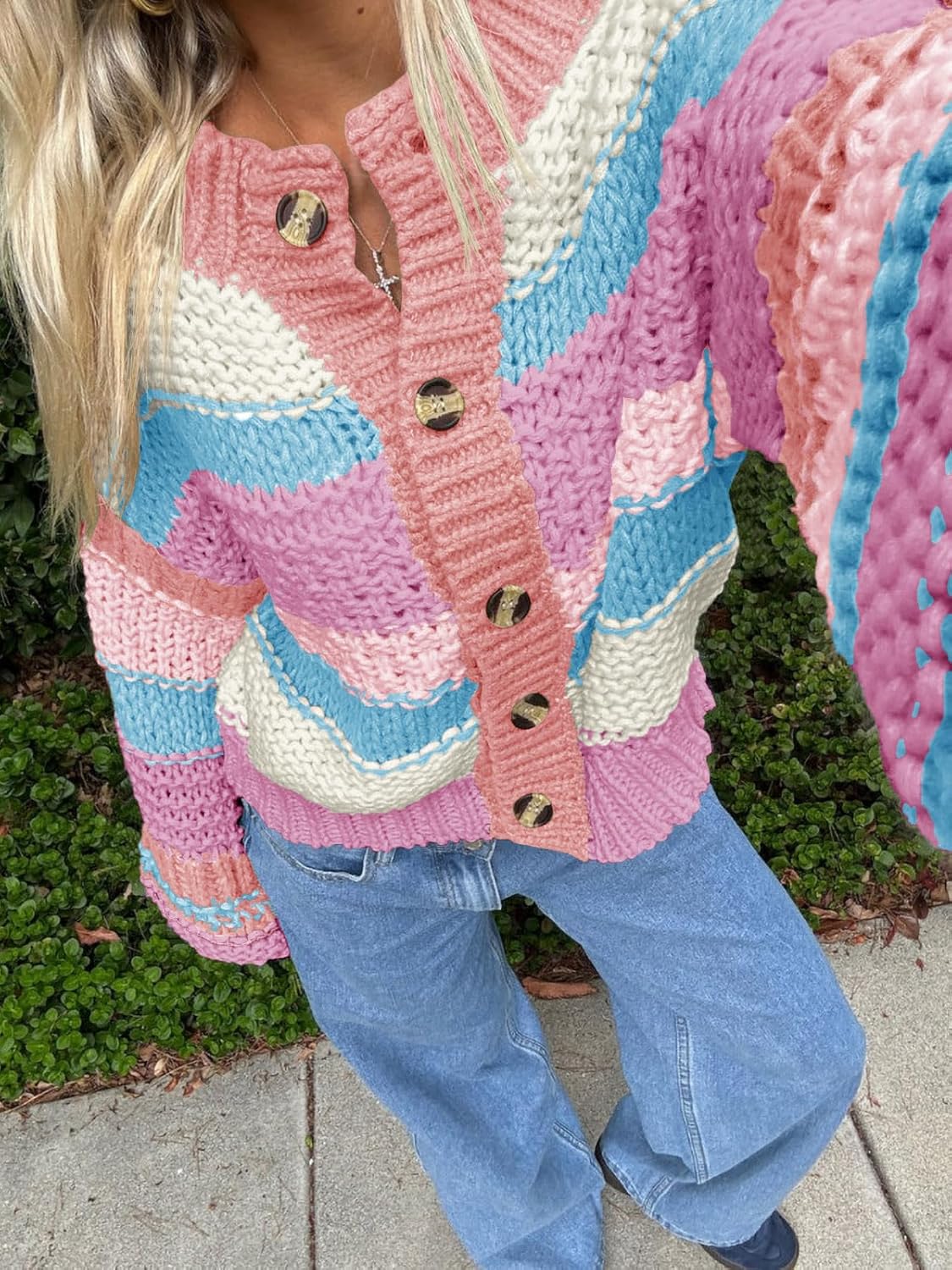 Saodimallsu Womens Striped Chunky Cardigan Sweaters Button Up Fall Trendy Color Block Long Sleeve Knit Sweater Coats - Image 3