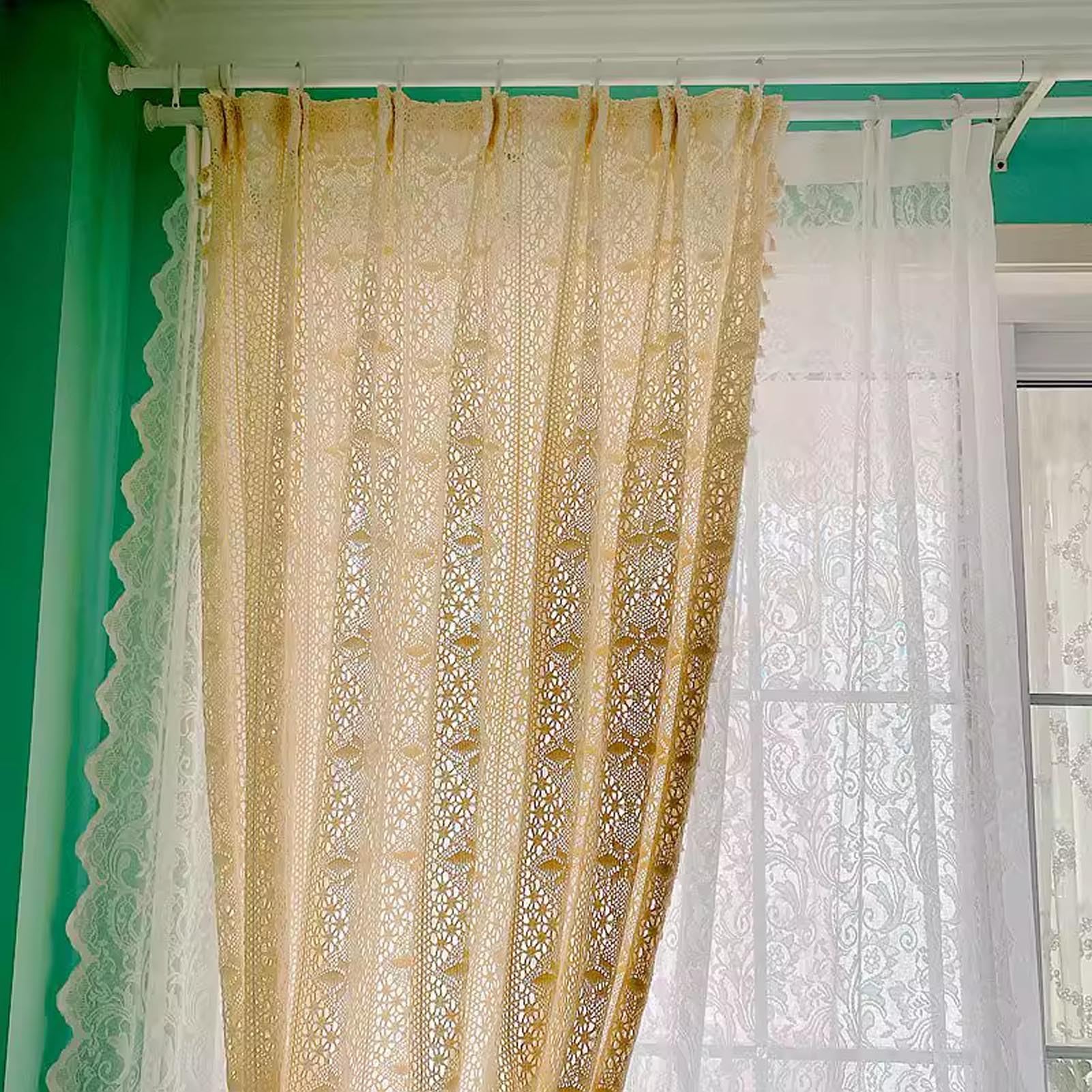 Rideaux en Dentelle Beige Shabby Chic avec Pompons, Rideaux De Fenêtre Vintage Creux en Coton Style Bohème pour Cuisine, Salon, Chambre à Coucher, 1 Panneau