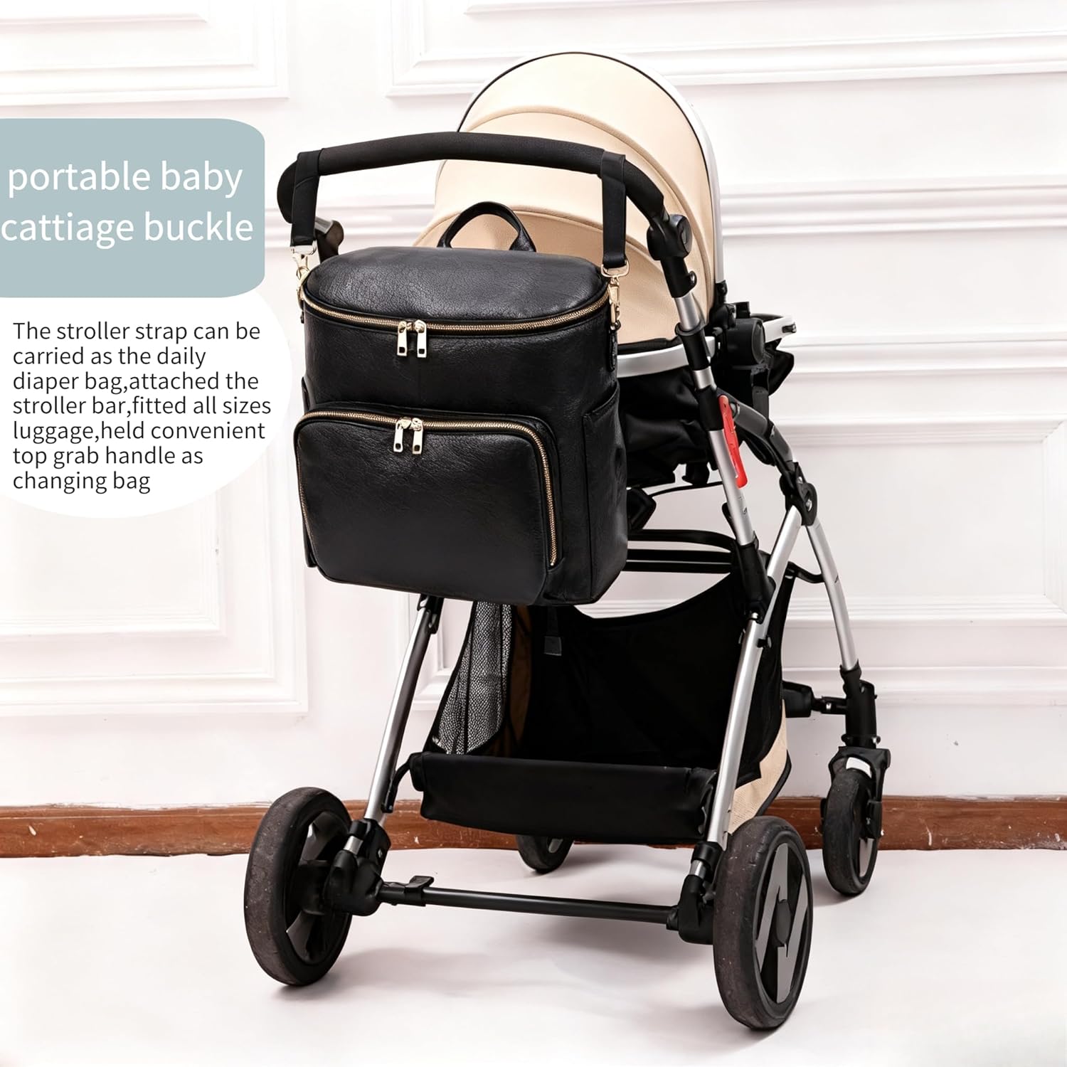Large Diaper Bag Backpack with USB Port, Vegan Leather Diaper Tote, Hospital Bag for Labor, Stroller Straps(Black)