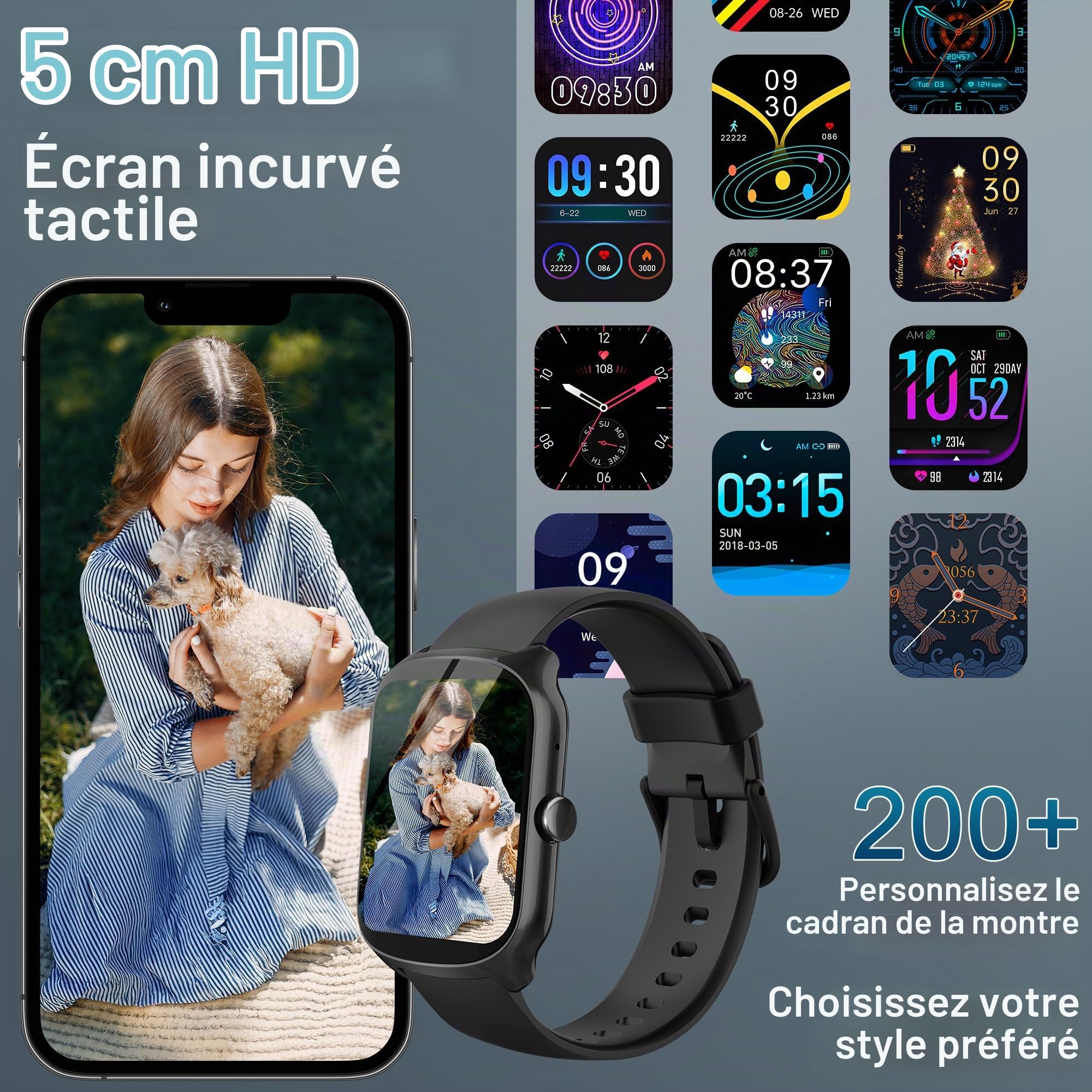 STECEi Montre Connectée Homme Femmes avec Appel Bluetooth, Écran Incurvé HD 1,95'' Smartwatch avec Réception/Émission d’Appels, 112 Modes Sportifs, Podomètre/Sommeil/Cardiomètre, Étanche IP68, Noir