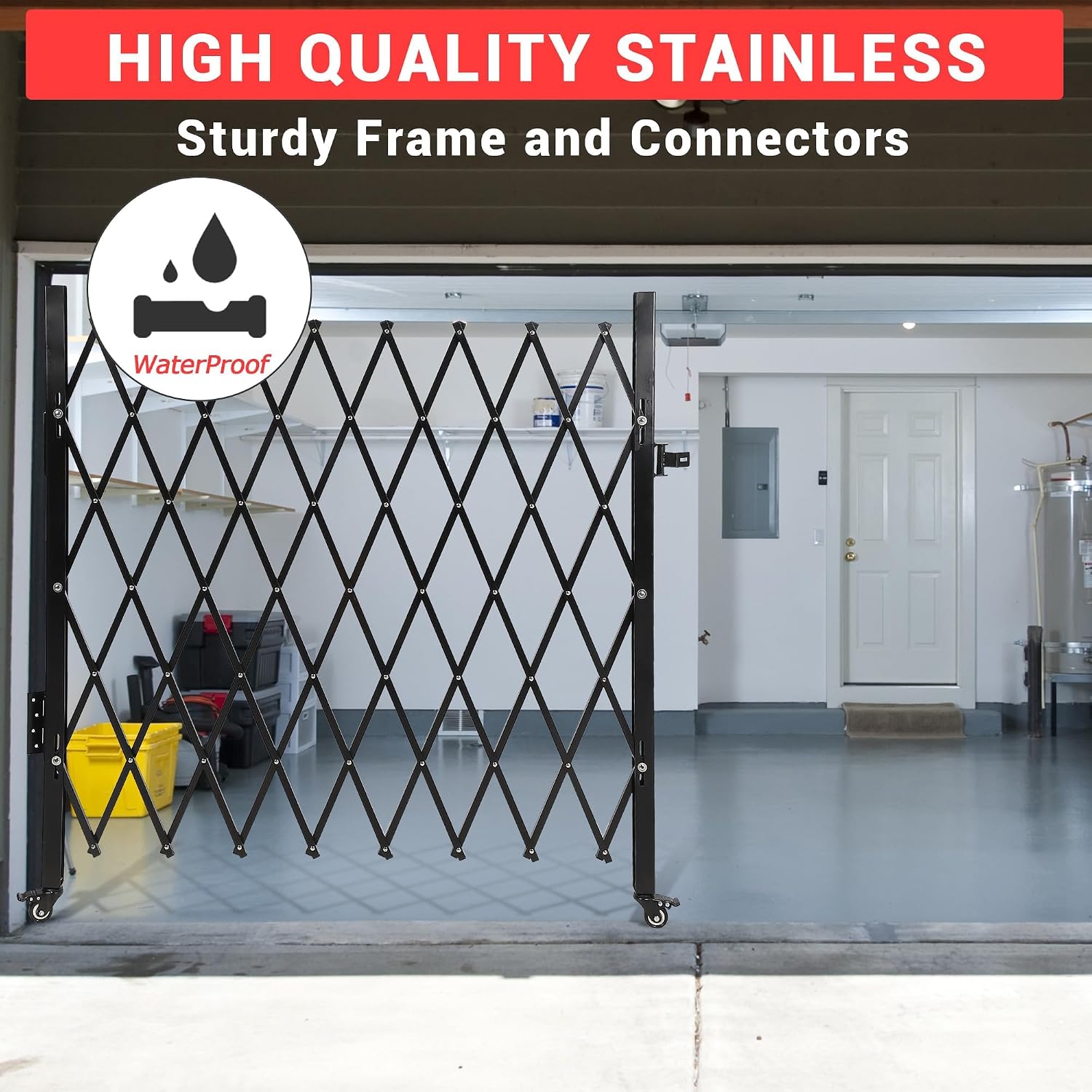 85" High x 85" Wide Expanding Security Gate. Black Aluminum Folding Scissor Gate with 360° Rolling Design. a Flexible and Portable Barricade for Driveways, Doors, and Access Control.