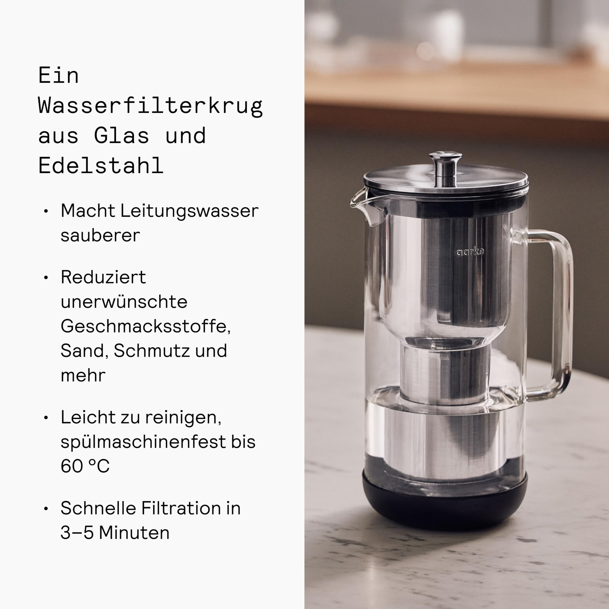 Aarke Purifier Wasserfilterkanne 1,2 L / 5 Tassen Glas & Edelstahl – inklusive Pure Filter-Nachfüllbeutel