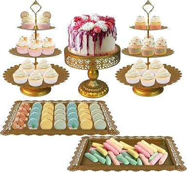 YestBuy Gold Cake Stand Set, 5 Pcs Metal Round Cupcak Stand Cookies Dessert Display Plate Serving Tower Tray Platter with Handle for Baby Shower Wedding Birthday Party Celebration Gold, 5 Size