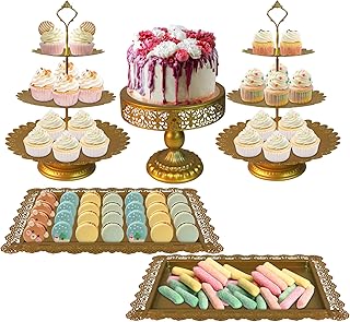 Gold Cake Stand Set, 5 Pcs Metal Round Cupcak Stand Cookies Dessert Display Plate Serving Tower Tray Platter with Handle for Baby Shower Wedding Birthday Party Celebration (Gold, 5 Size)