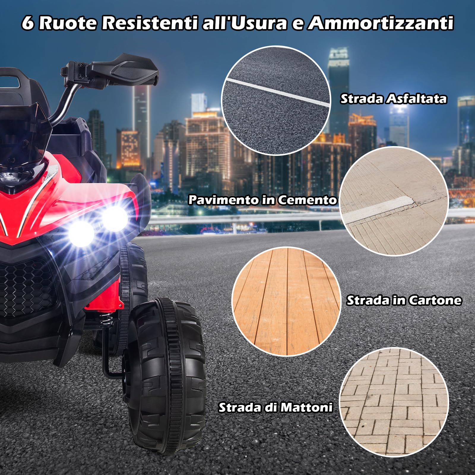 COSTWAY 12V Quad Elettrico per Bambini, Macchina Elettrica per Bambini con 6 Ruote 4 Motori Baule Posteriore Luci LED e Musica, Trazione Integrale, 3-6 km/h, 3 Anni+ (Rosso)
