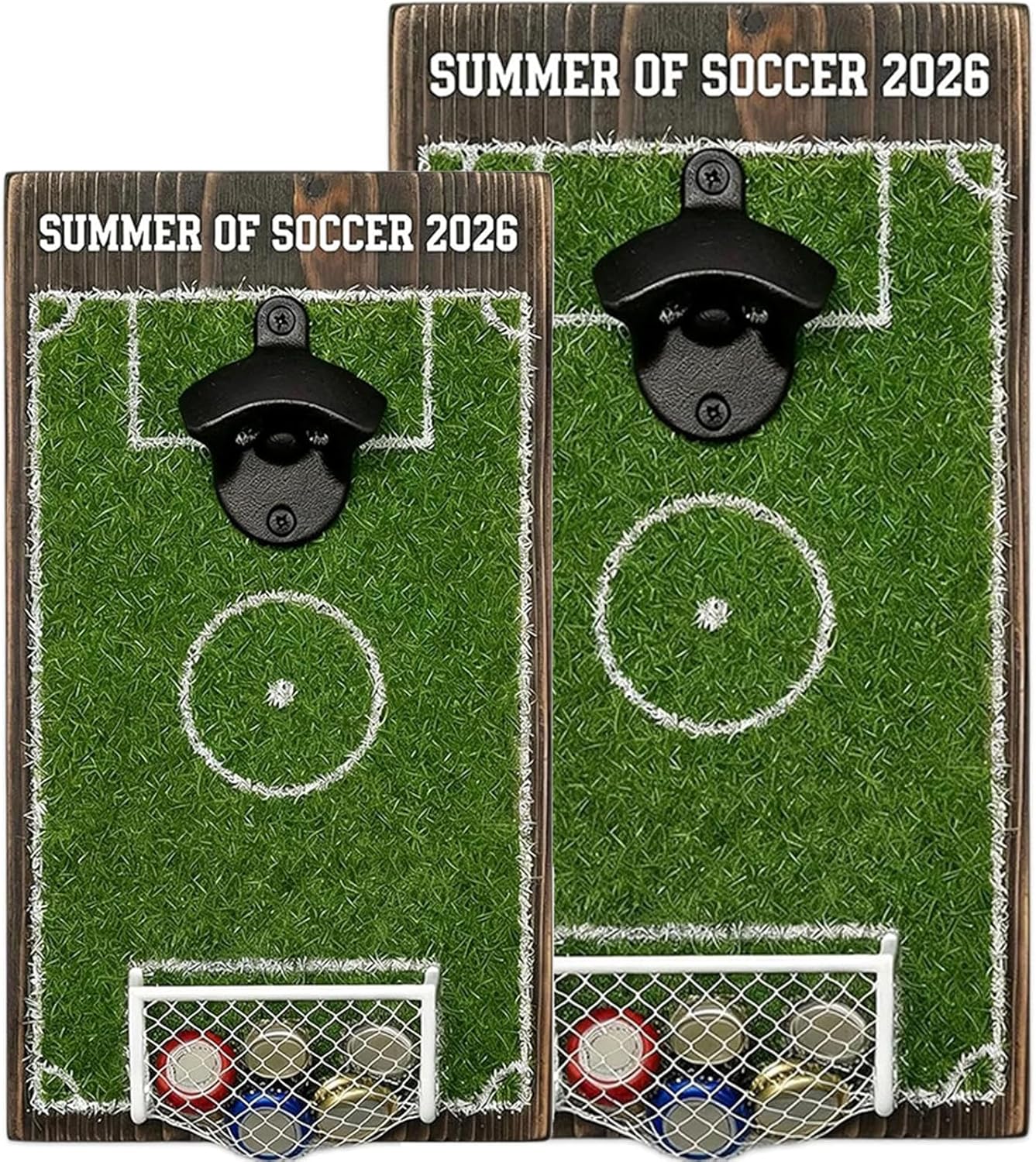 Soccer Field Bottle Opener Wall Decor, Magnetic Wall Mounted Beer Bottle Opener with Bottles Cap Catching Net, Wooden Soccer Field Sign, Home & Kitchen Walls Art for Beer Lovers (2pcs)