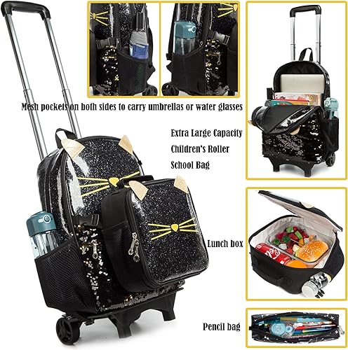 Miniatura 6 de Egchescebo Mochila de viaje para niños pequeños con ruedas para niños, mochila desmontable para niñas, color rosa, Negro-220223-l, Mochilas de viaje