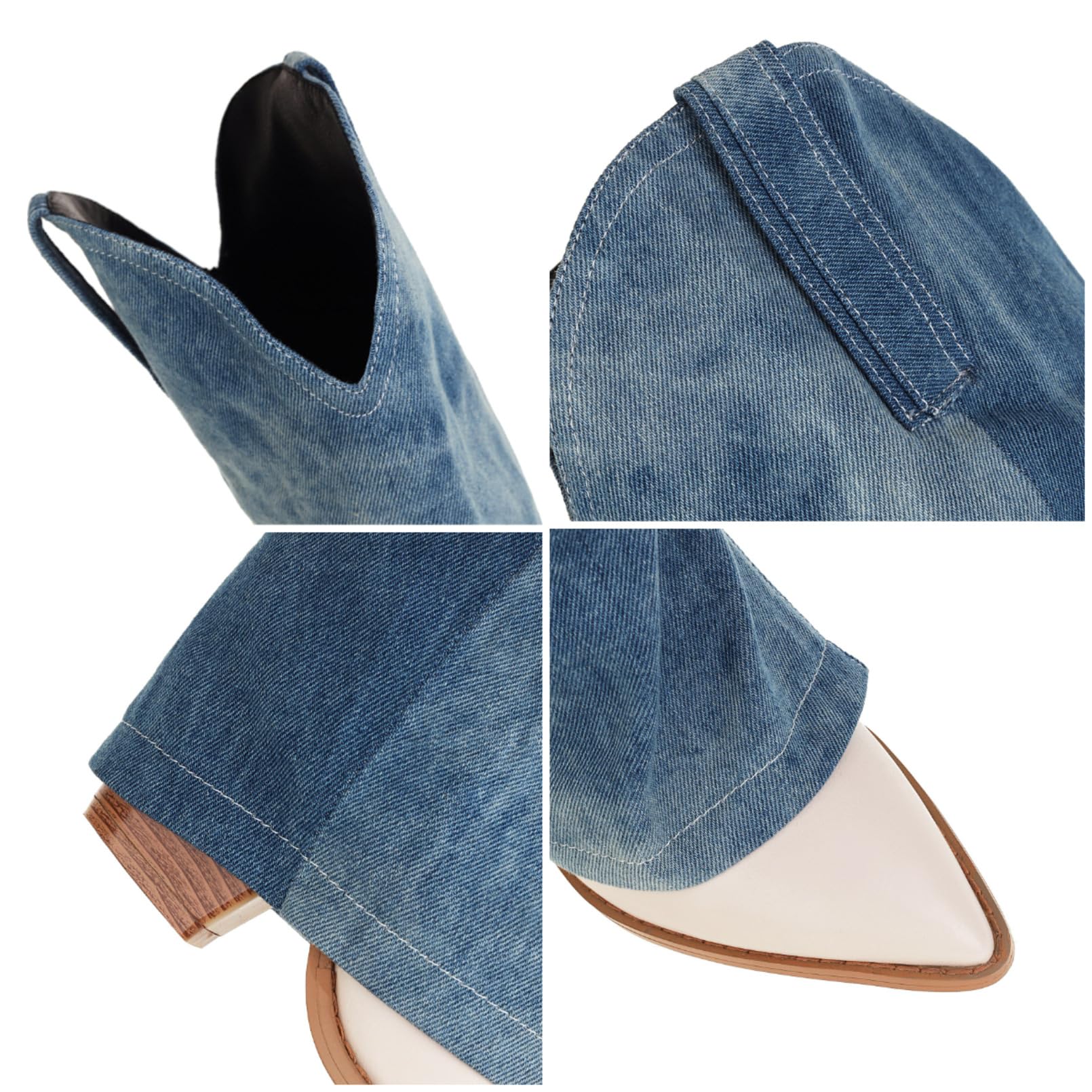 Mujer Botas Altas De Jeans Patrón Corte Aberturas Botas Largas De Montar Denim Slip-On Cowboy Tacón Alto Punta Puntiaguda Botas De Pantorrilla Ancha Elásticas Invierno