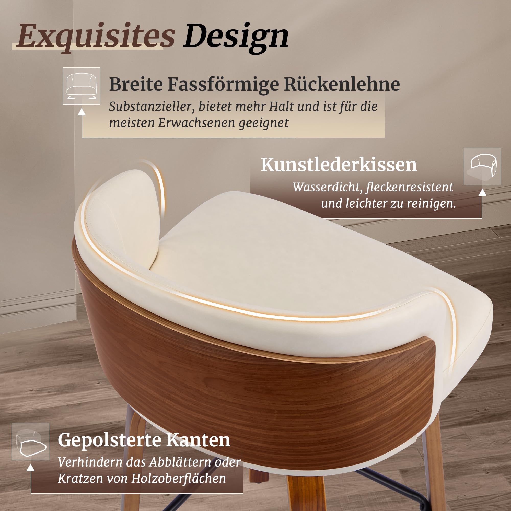 LUE BONA Barhocker 2er Set, 360° drehbarer Barhocker mit Lehne, 65cm Sitzhöhe, Kunstleder & Massivholz, Barstuhl mit Holzbeine und Fußstütze, Barstühle für Bar, Esszimmer, Kücheninsel, Cremeweiß