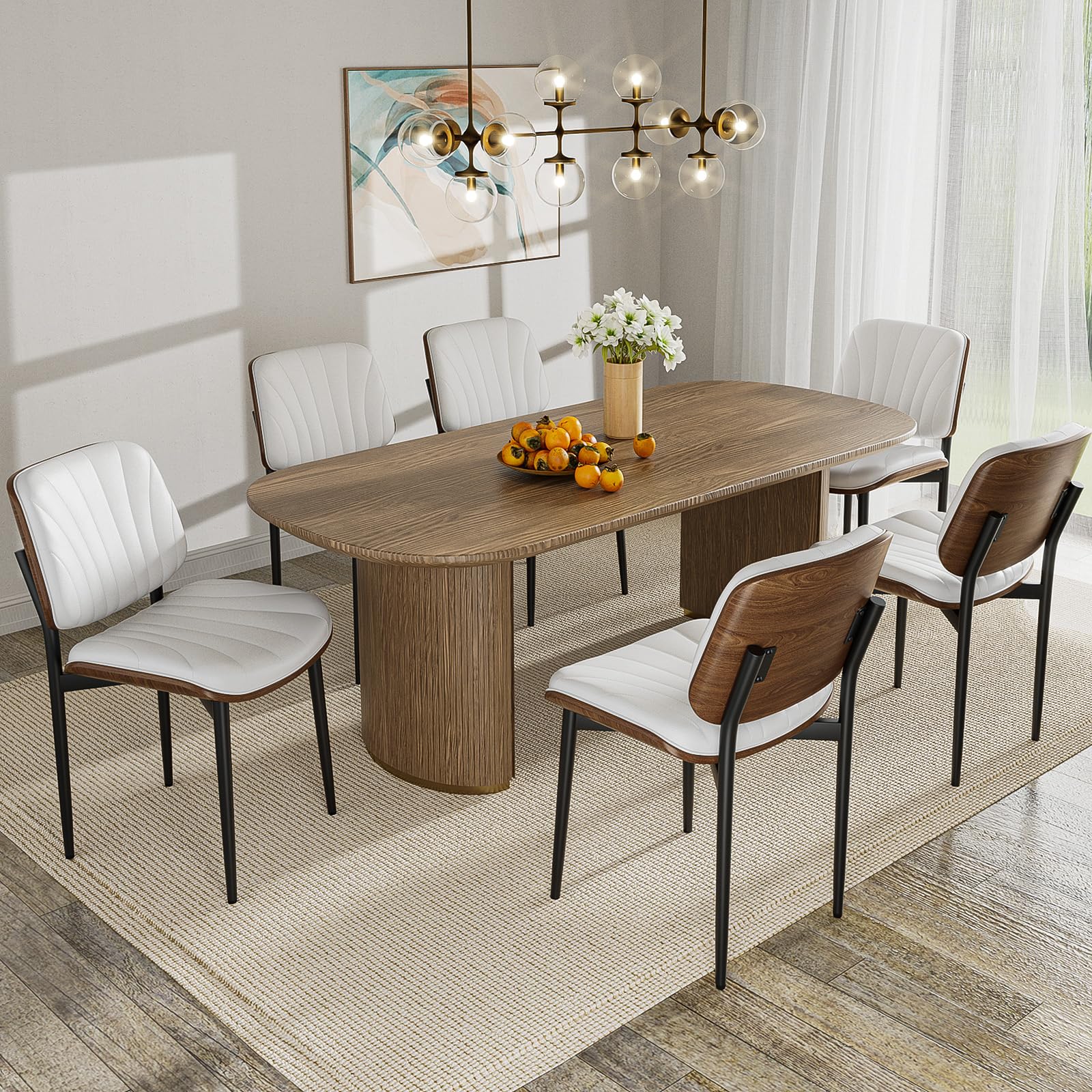 Aowos Dining Chairs Set of 6, Modern Kitchen Dining Room Chair, Leather Kitchen Chairs with Walnut Back and Metal Legs for Dining Room, Accent Chair