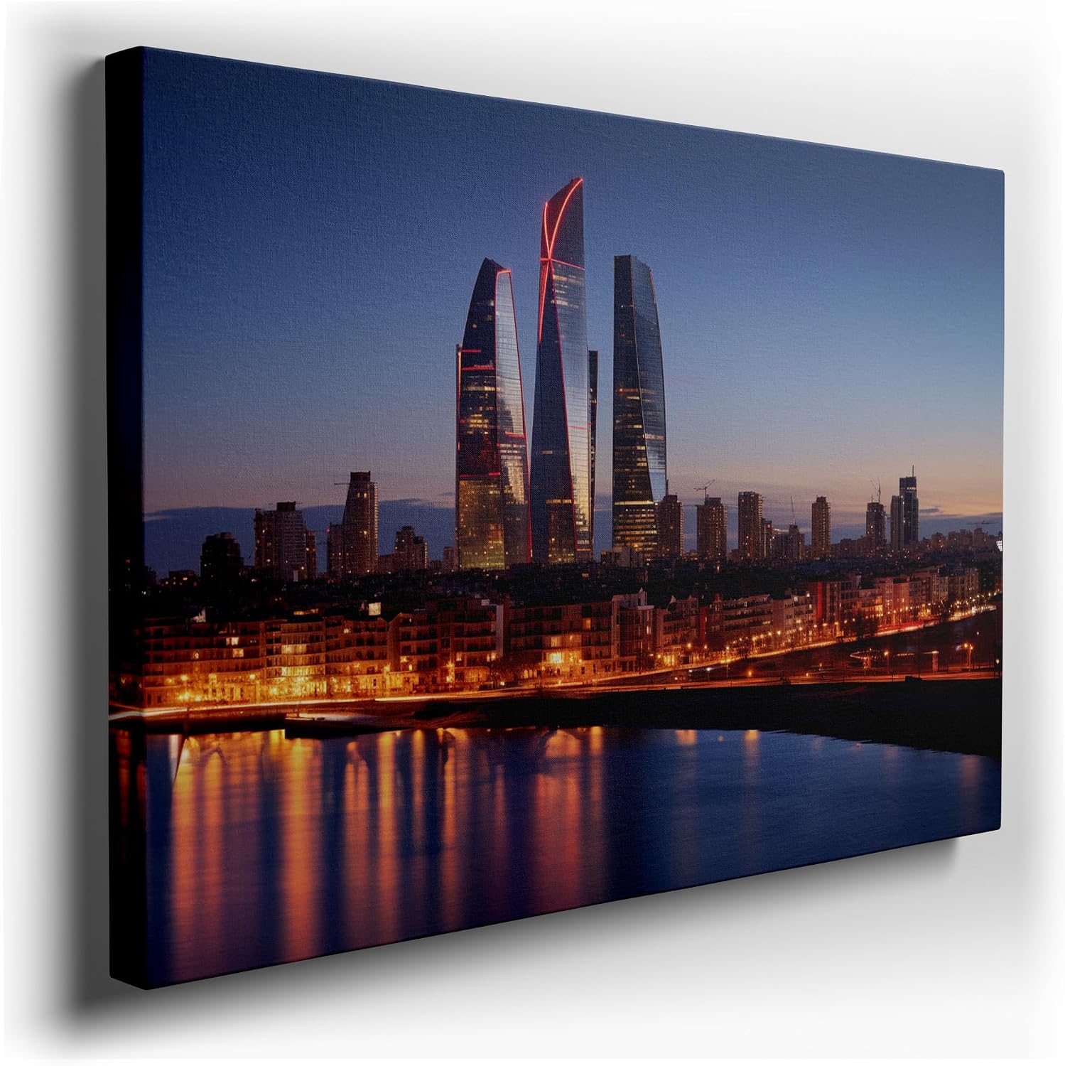Canvas for Living room. Gleaming Giants: Illuminated Skyscrapers Pierce the Night Sky, 27 x 18 inch Canvas Wall Art - Urban Global Cities - Modern Home Decor