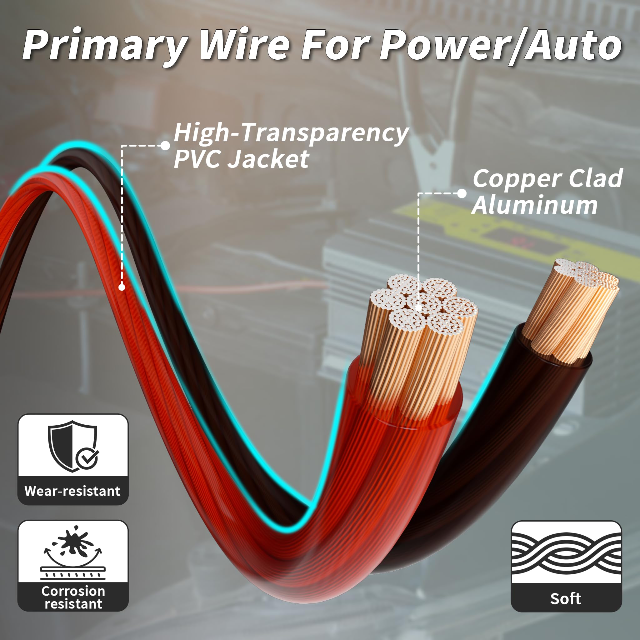 Fil de calibre 0 (6,1 m noir + 6,1 m rouge) câble de batterie CCA en aluminium plaqué de cuivre rouge, câble d'alimentation primaire/de terre pour haut-parleur audio de voiture, remorque de