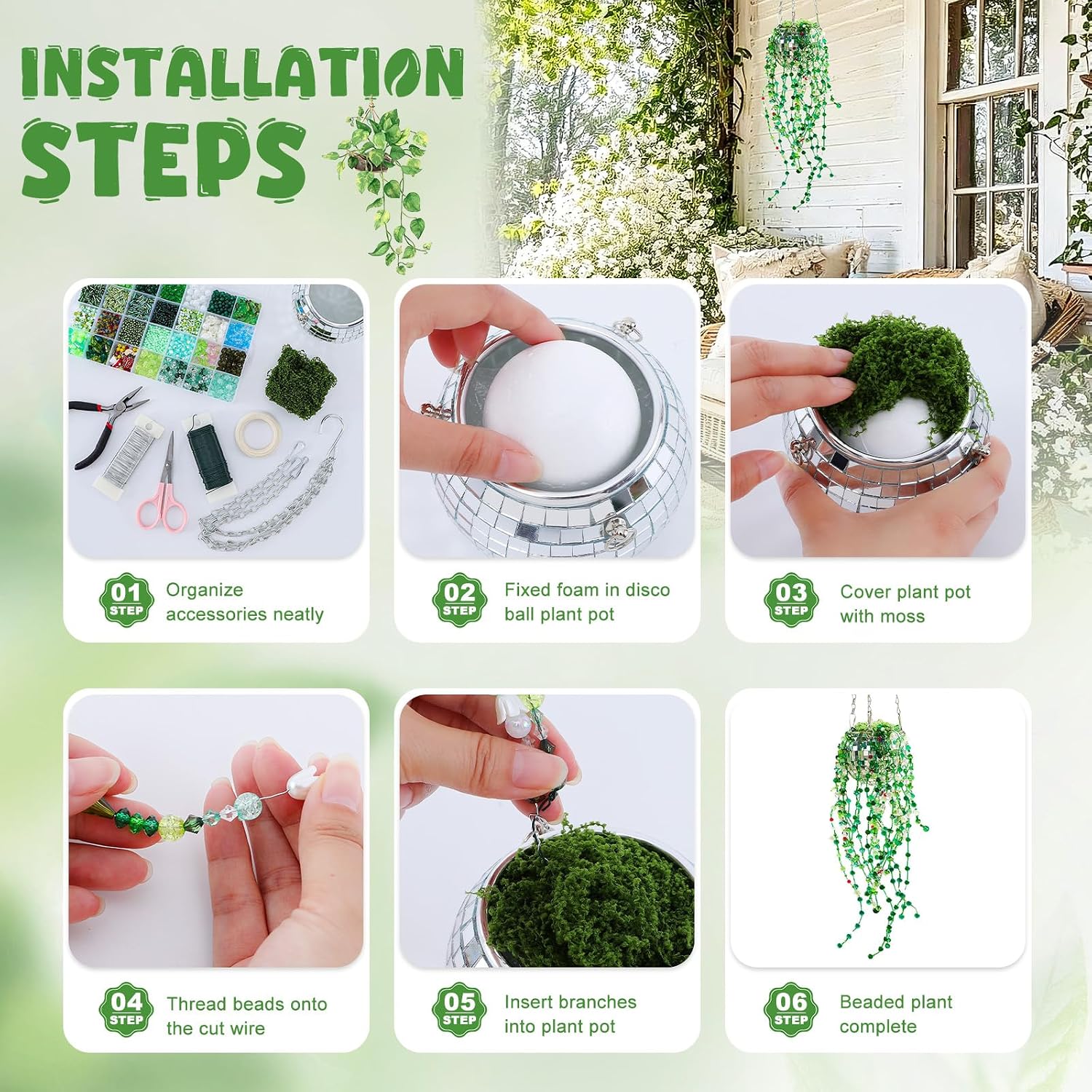 Green Glass Beads Plant Kit Forever Plant Beaded Flower Leaf Beads for Succulent Plant with Plant Pot Jewelry Making and DIY Crafts
