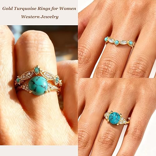 Miniatura 7 de Anillos gruesos dorados y turquesas apilables para mujeres, anillos para nudillos para el pulgar para mujer, diamantes de imitación vintage, joyería