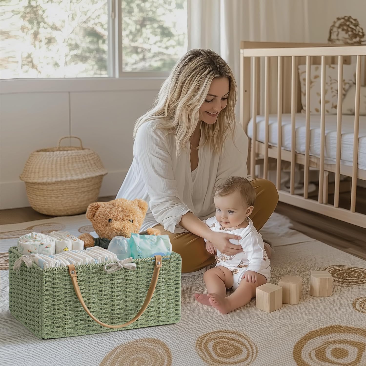 HBlife Grande cestino per pannolini per neonati, organizer, cestino portaoggetti in corda di carta, con divisorio rimovibile, portatile, per auto, regalo per baby shower, indispensabile per neonati