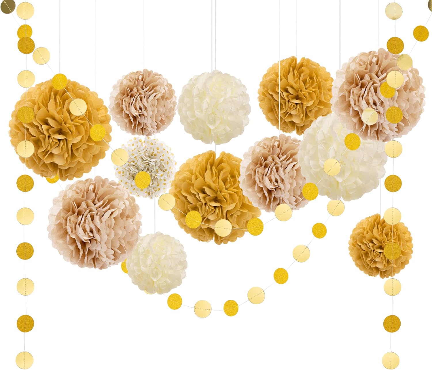Gold and White Party Decorations, Tissue Paper Pom Poms