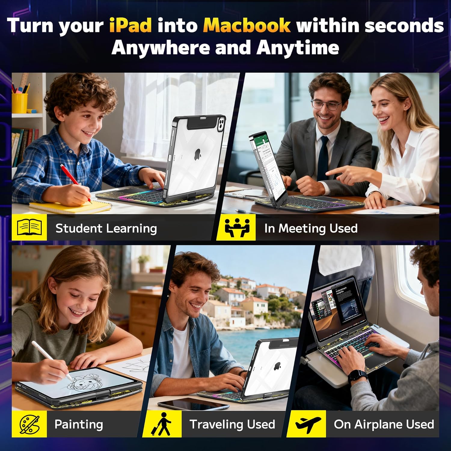 Clear Keyboard Case for iPad Pro 13 inch (M4/M5 2024/2025),360° Swivel Multi-Touch Trackpad, with Wireless Bluetooth 3-Brightness &7-Color Backlit, Pencil Holder and Keyboard Shortcuts Black