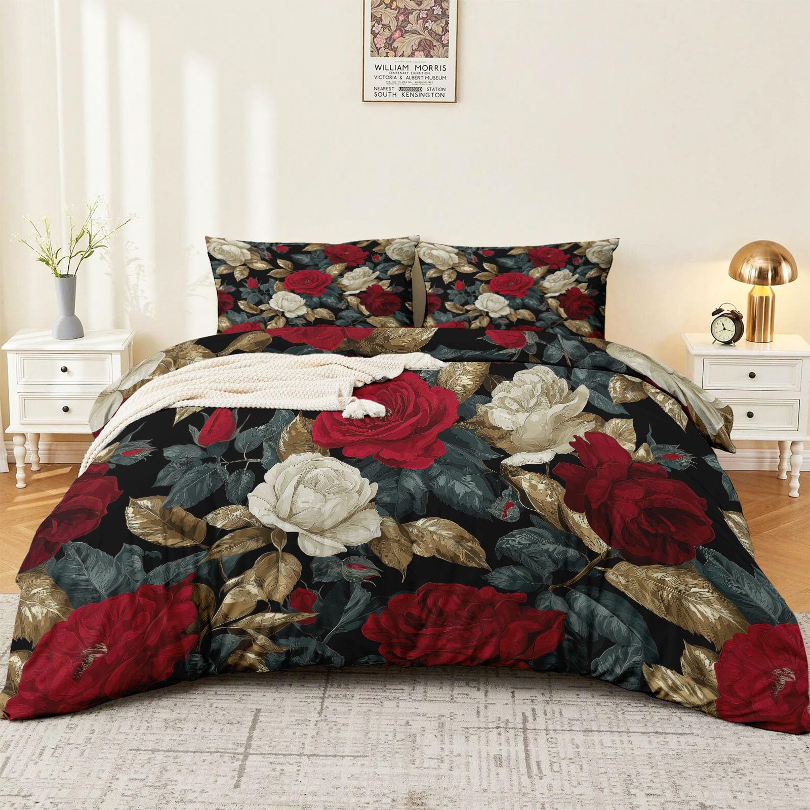 Romantyczne rośliny, kwiatowy zestaw poszewek na kołdrę 230 x 220 cm, luksusowy zestaw pościeli w stylu vintage, miękka mikrofibra, dwustronna poszewka na kołdrę na wszystkie pory roku, z zamkiem