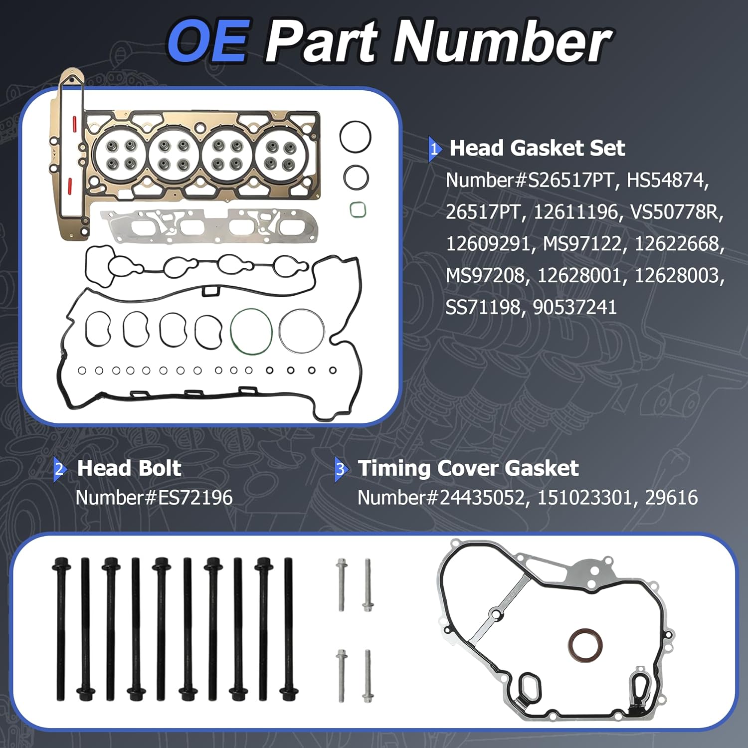 2.4 Ecotec Timing Chain Kit w/Selenoid Water Pump Head Gasket Set Fit for Chevy Equinox Malibu Cobalt for GMC Terrain Buick Regal Lacrosse Verano 2.2L 2.4L L4 LAF DOHC 2009-2017 HS26517PT 94201S