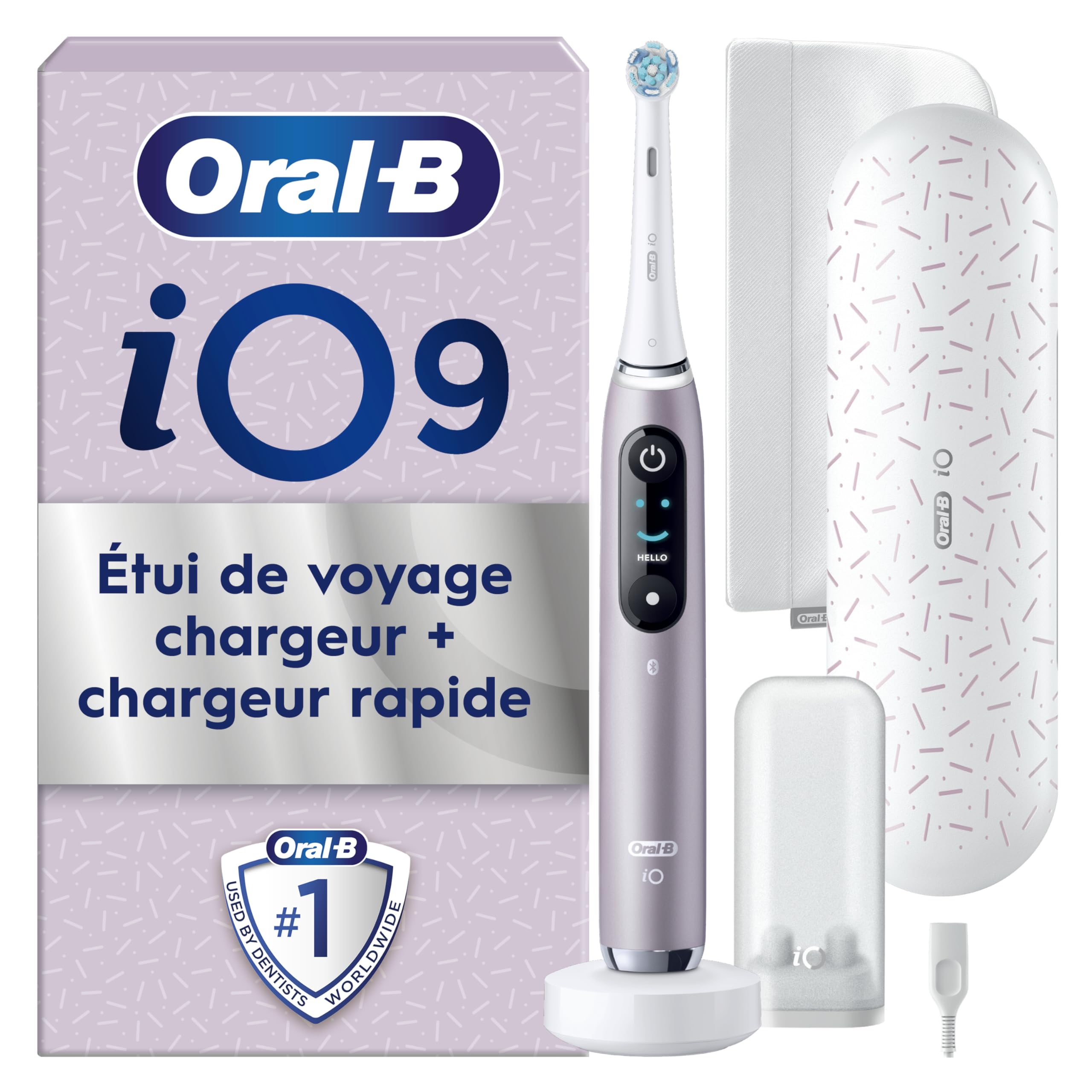 Oral-B iO 9 Brosse À Dents Électrique Pour Adultes, Rose Quartz, Édition Spéciale, 7 Modes De Brossage Avec Blancheur Et Soin Des Gencives, 1 Brossette De Recharge, 1 Chargeur, 1 Étui De Voyage