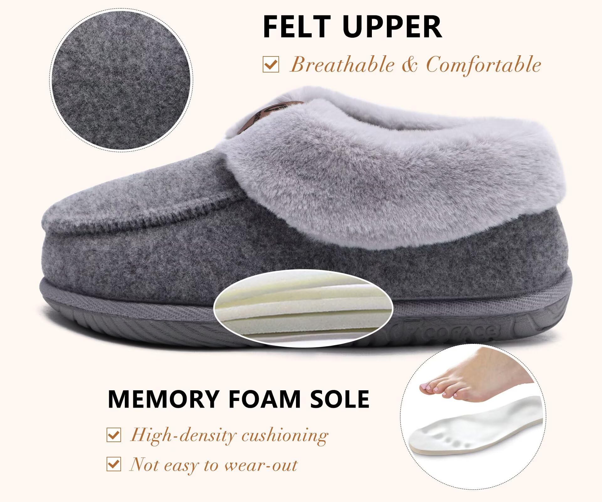 COFACE Chausson Femme Hiver Chaud Feutre Pantoufles Peluche Fourrure Doublure Fermé Charentaise Confort Mousse à Mémoire de Forme Slippers Antidérapant Semelle