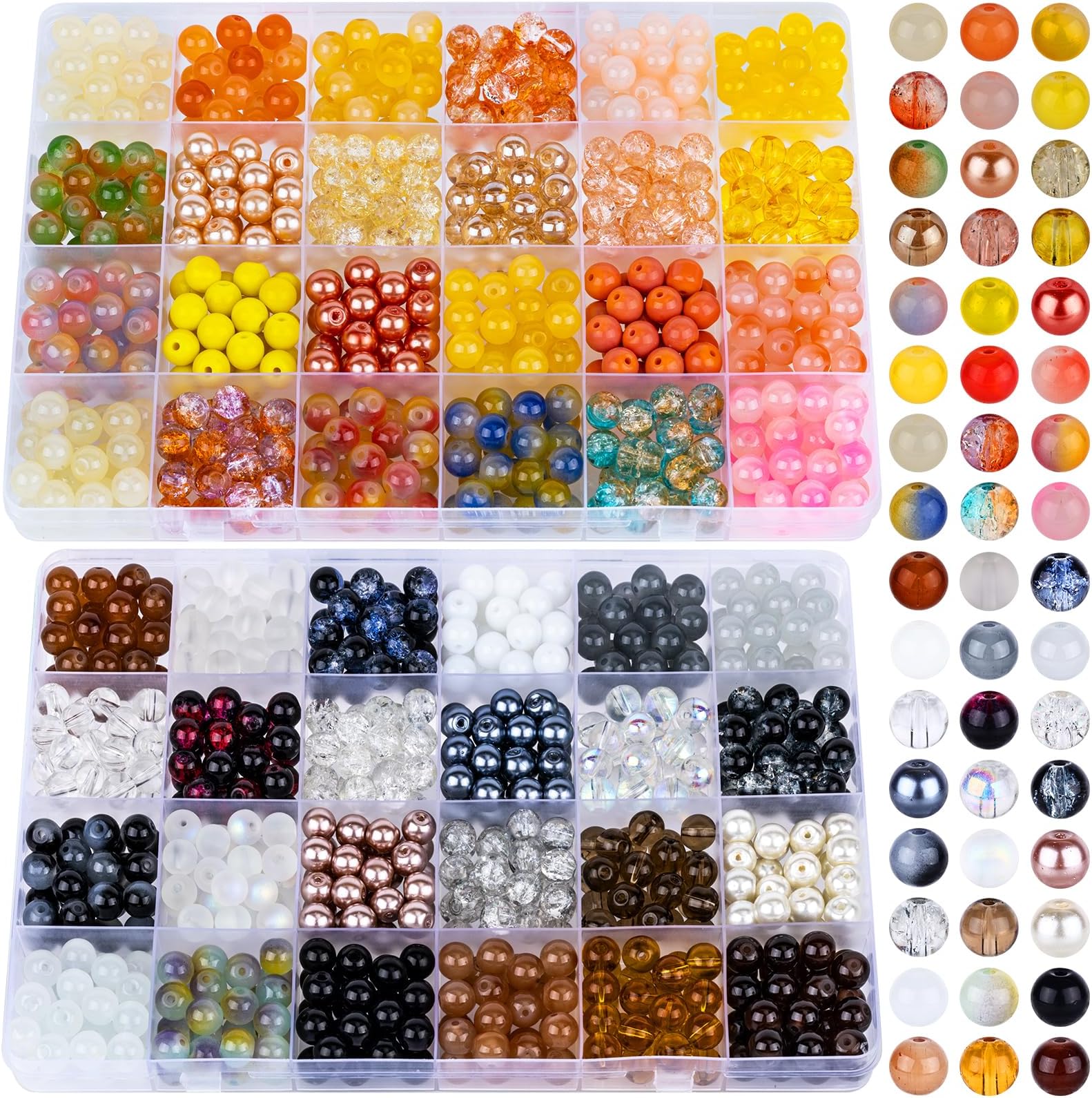 XSEINO About 1200PCS 8mm Glass Beads Bracelet Making Kit，48 Assorted Yellow and Black-White Series Colorful Crystal Beads for Making and DIY Crafts