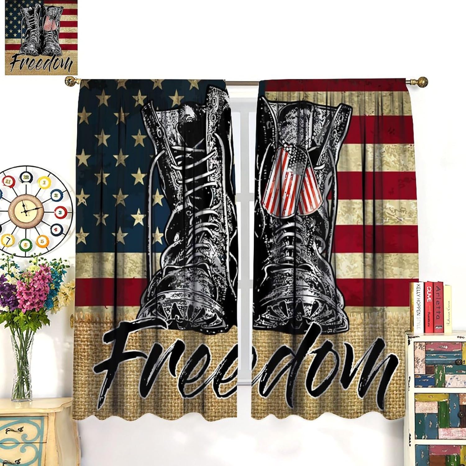 USA Flag Blackout Curtains, Patriotic Memorial Day Decor Old Boots Freedom Vintage Print Window Treatments, Retro Rod Pocket Drapes for Boys Man Bedroom Living Room, 42x45in