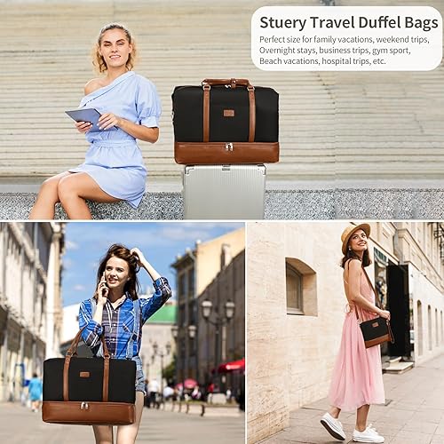 Miniatura 5 de Bolsa de fin de semana, bolsa de viaje grande para mujer, bolsa de mano con compartimento para zapatos y bolsas de aseo, A-negro (poliéster)