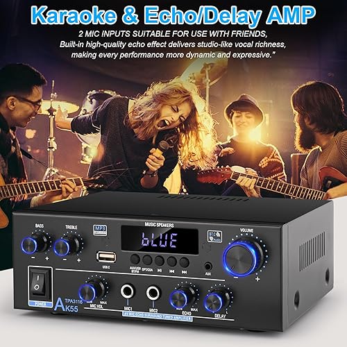 Miniatura 6 de Romica Amplificador de audio estéreo, 2 canales 500 W Bluetooth 5.0 amplificador de potencia de cine en casa con FM, Echo, AUX, USB, SD, MIC,