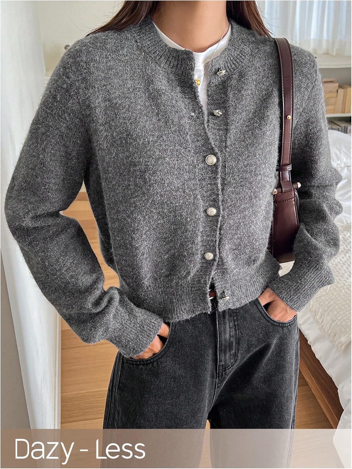 GORGLITTER Women's Bow Button Up Fall Short Cardigan Sweater Dressy Trendy Cute Long Sleeve Cable Knit Light Sweater Top Pearl Grey Small - Image 3