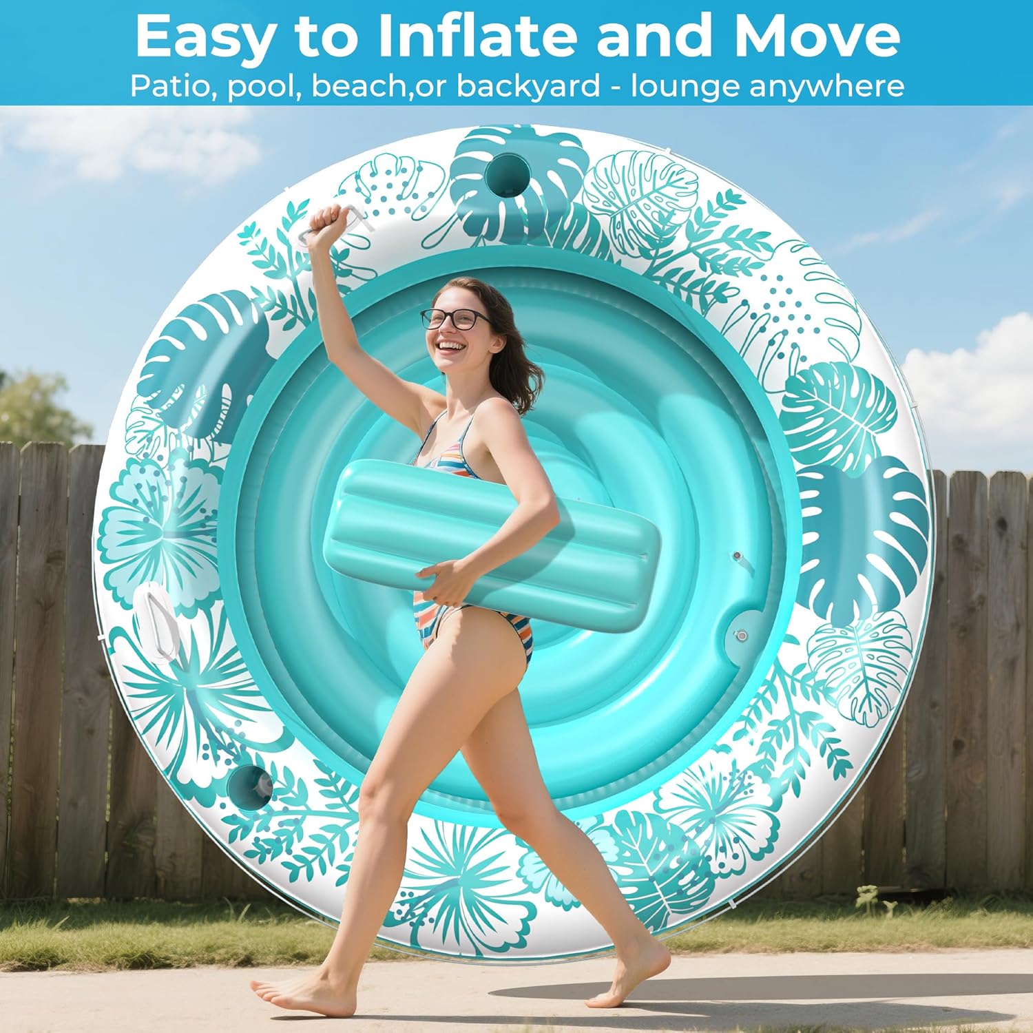 Inflatable Tanning Pool Lounger Float with Protection Tarp, 75" x 75" Pool Floats Adult with Pillow, 6 in 1 Suntan Tub Raft Floatie, Sunbathing Water Lounge Blow Up Pool Kids Ball Pit Party Gifts