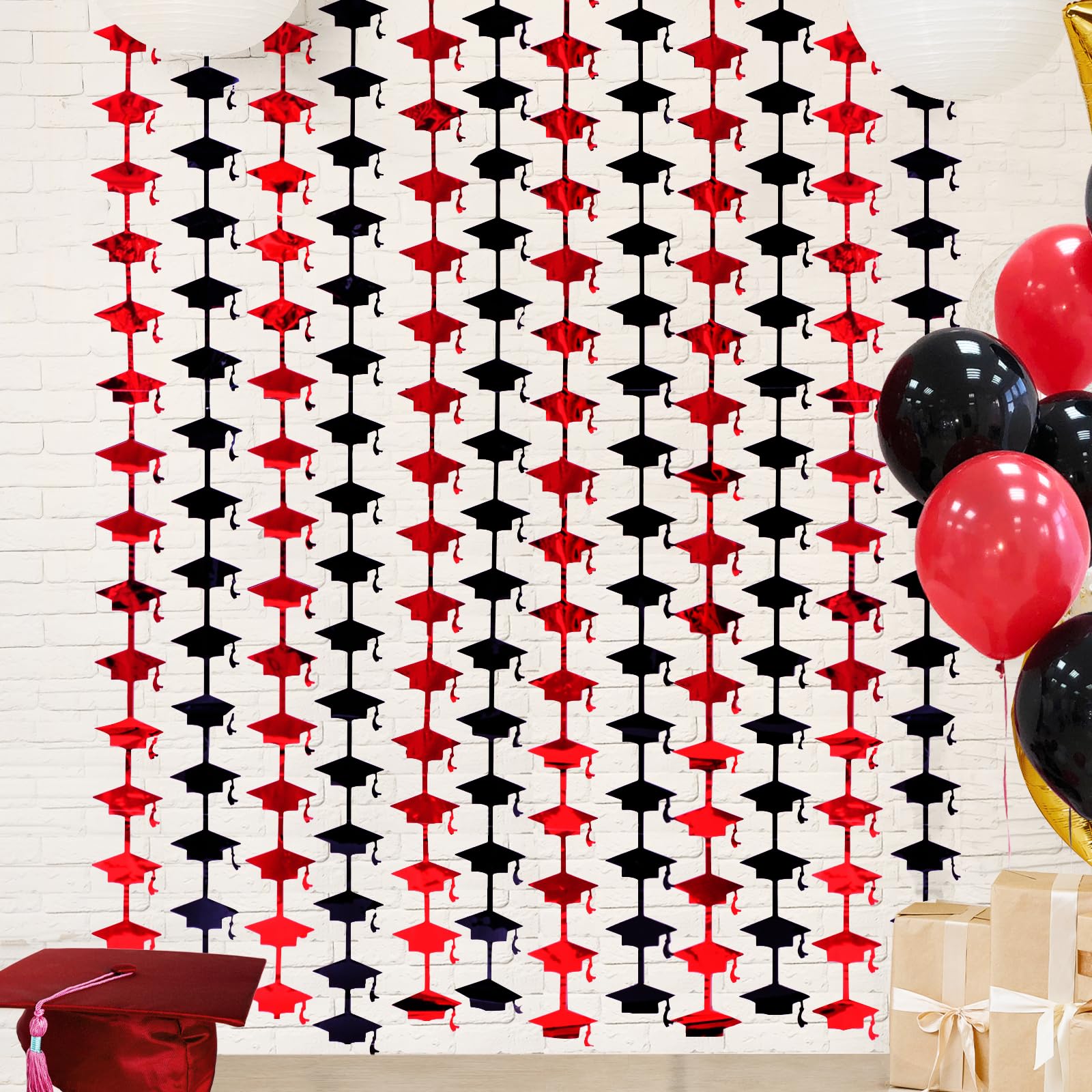 Mega-L Red and Black Graduation Decorations 2025, 2 Pack Foil Fringe Curtain 3.3x6.6 ft Metallic Tinsel Backdrop Streamers, Red Congrats Grad