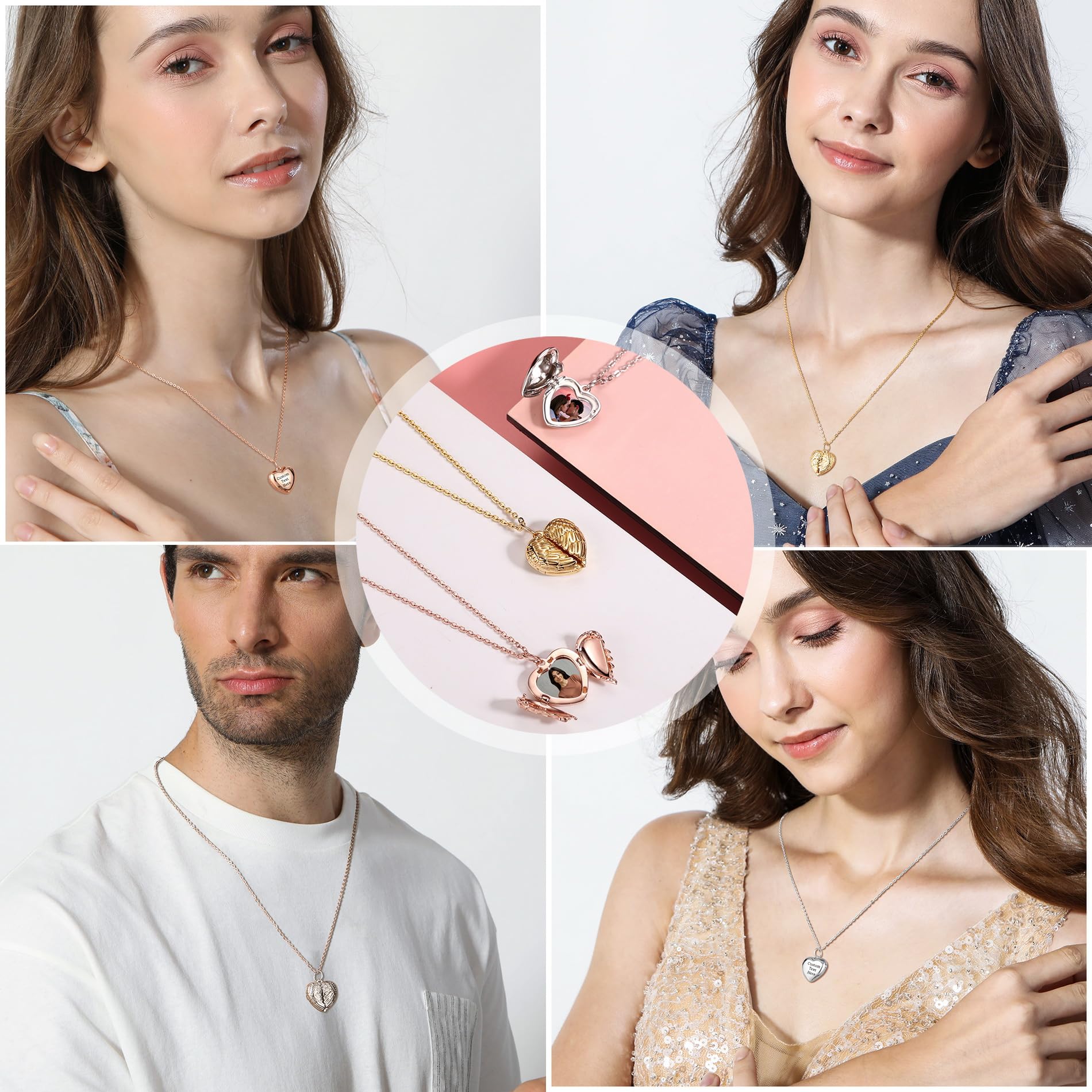 Collana con Medaglione a Cuore Personalizzato con Immagine All'interno Collana con Ciondolo Medaglione a Cuore in Argento 925 Personalizzato con Foto/Testo/Iniziale per Donne Fidanzata Mamma