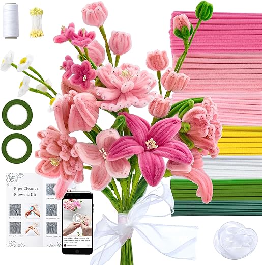 LENYNAL 500 Pcs Pipe Cleaners Craft Bulk, Pink Pipe Cleaner Flower Kit, Glue-Free & Safe for Kids, Step-by-Step Tutorial, 6 Colors Chenille Stems for Flower Making