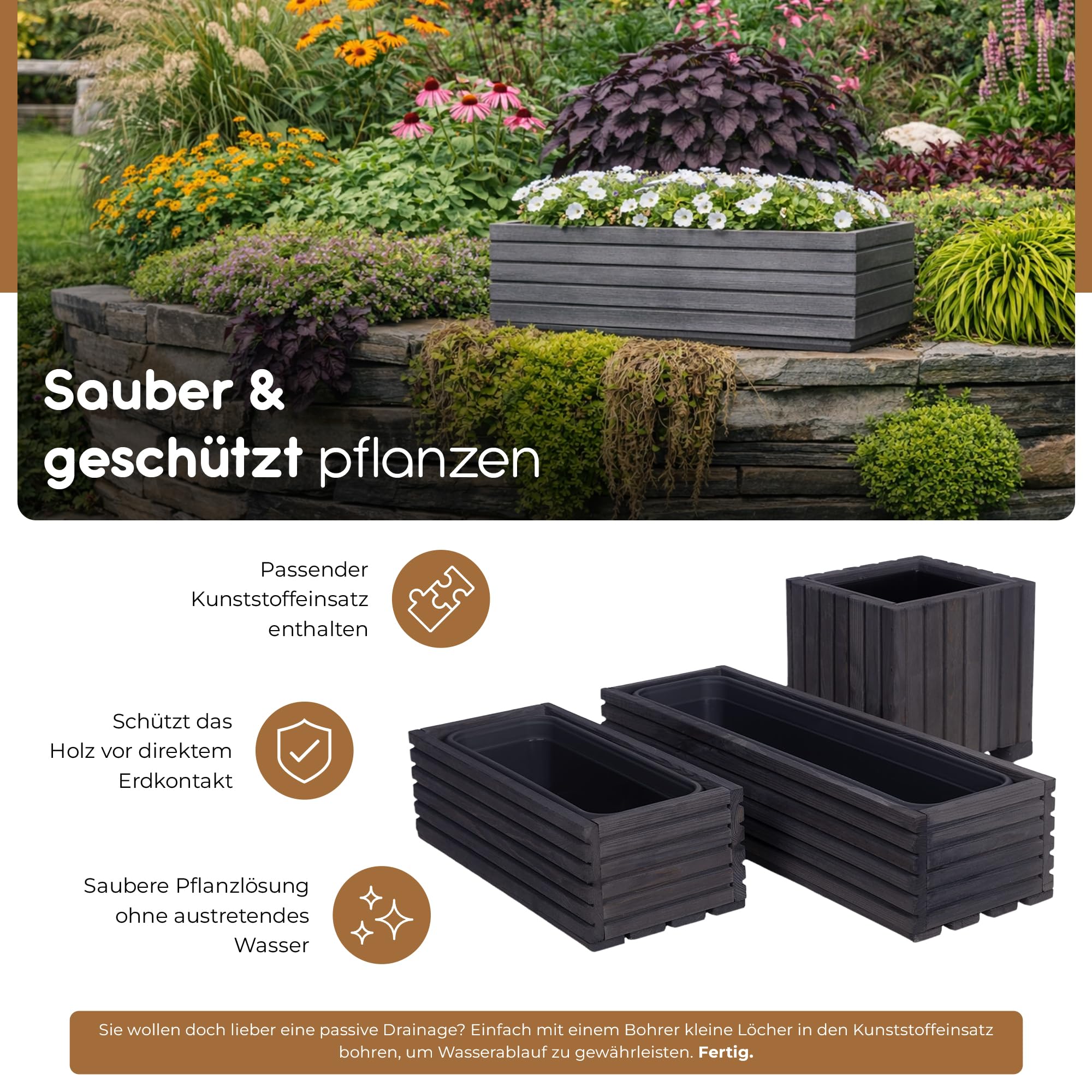 BooGardi Blumenkasten Holz mit Einsatz · Blumenkästen in 3 Größen & 4 Farben · 64x20x14cm Hellbraun · Pflanzkasten für Balkon & Terrasse · Pflanzkübel außen & innen · Blumentopf vormontiert