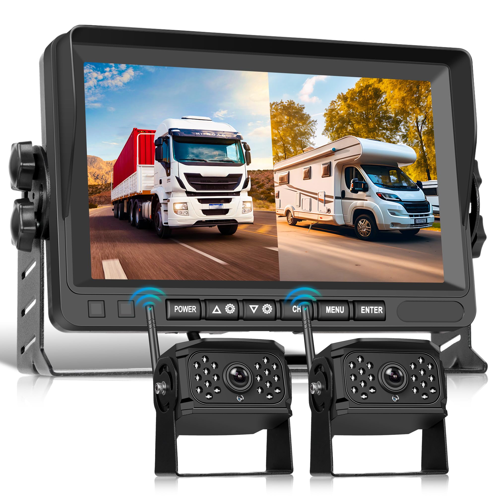 Wireless Telecamera Posteriore 2 Cameras Set, 7 Pollici Monitor 2 Split Screen,Telecamera posteriore IP68 Impermeabile Visione Notturna DVR Loop Video Image Flip per Camion/Bus/Furgoni/Camper/Rimorchi