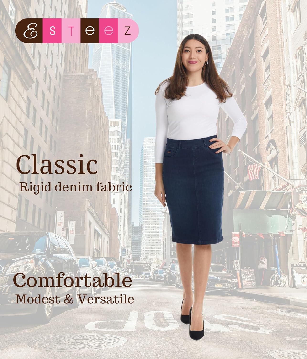 ESTEEZ Women’s Straight Fit Denim Jean Skirt – Knee-Length, Stretch, Pockets – Manhattan - Image 5