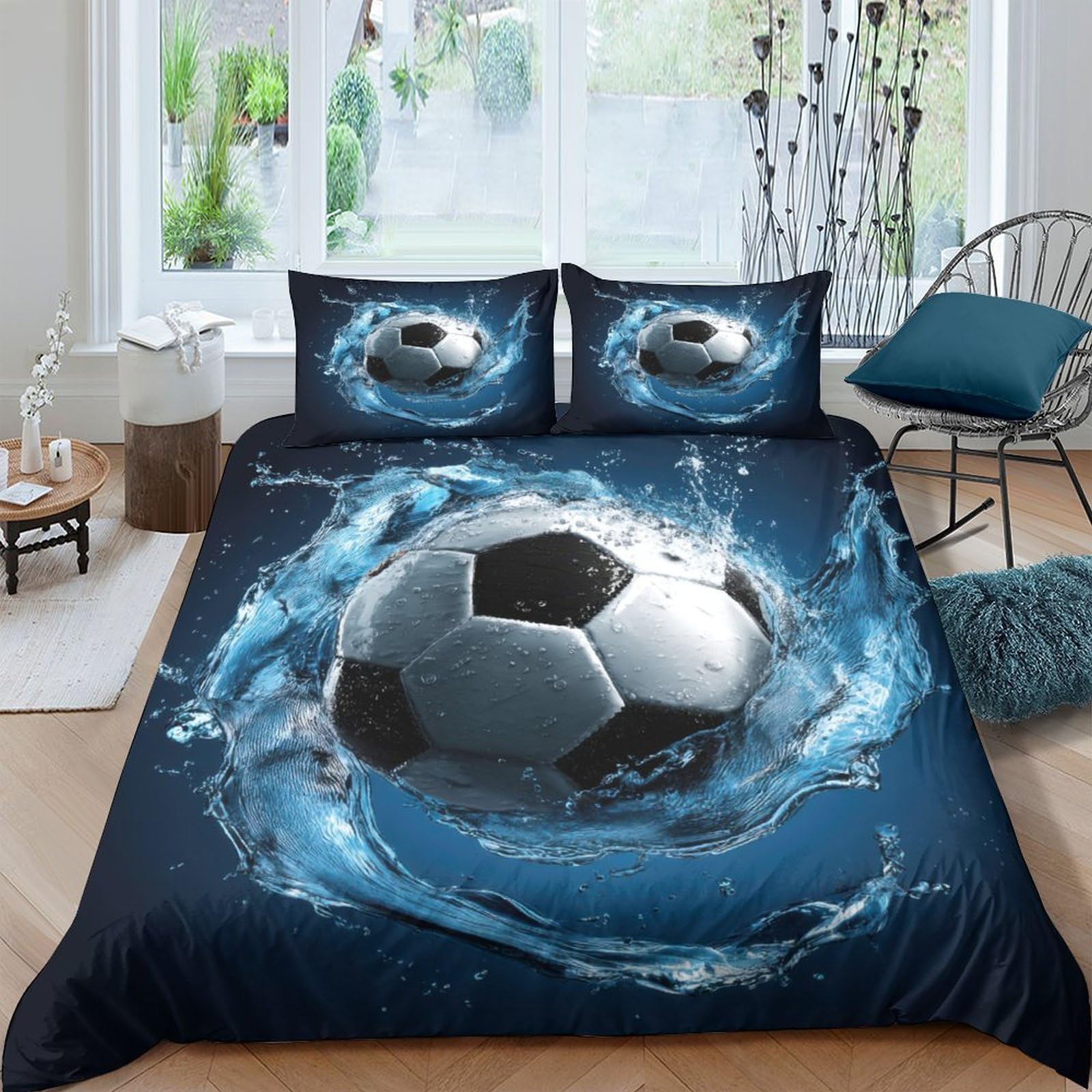 GPLZQXKJNH 3D Printed Football Splash Duvet Cover Microfiber Soft Breathable Soccer Bedding Set with 2 Pillowcases for Bedroom Decor Single（135x200cm）