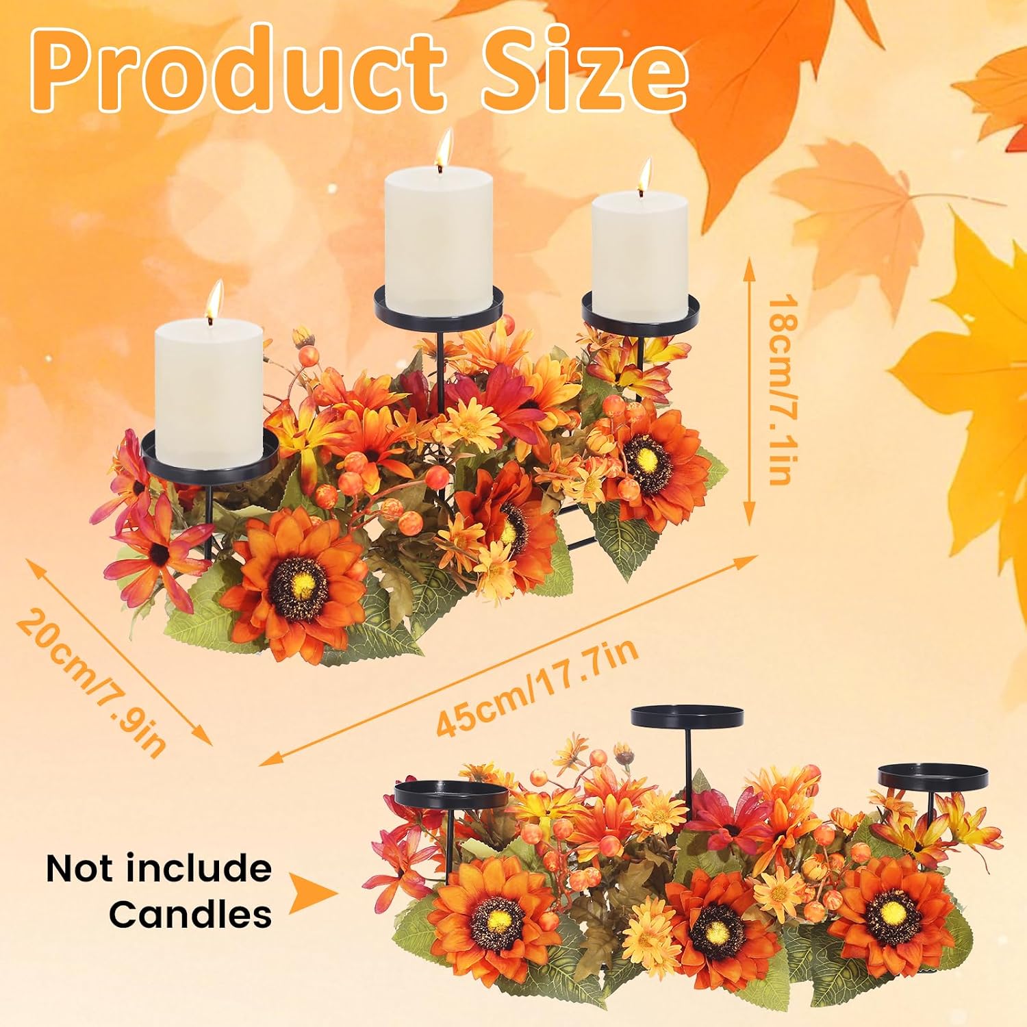 Fall Decor Metal Candle Holder Floral Arrangements Centerpiece with Berry Twig Maple,Thanksgiving Candlestick Centerpieces for Farmhouse Autumn Harvest Kitchen Table Decorations