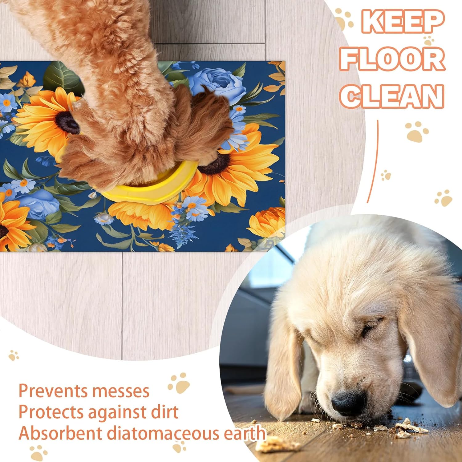 Hexteria Sunflower Blue Rose Dog Cat Food Mat 24 x 32 in Spring Flower Absorbent Leakproof Pet Feeding Mat for Food and Water Bowl Non-Slip No Stains Pet Placemat