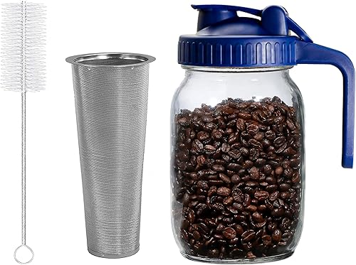COKPAPA Cafetera fría con filtro de malla de acero inoxidable 304 de grado alimenticio con tarro Mason de 2 cuartos (64 onzas), tapa abatible de