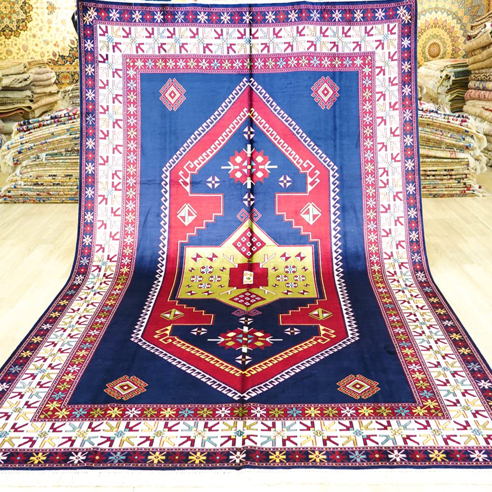 Yuchen Rug Handmade Carpet 6 5x10 Blue Hand Knotted Geometric Medallion Vintage Silk Rug for Living Room