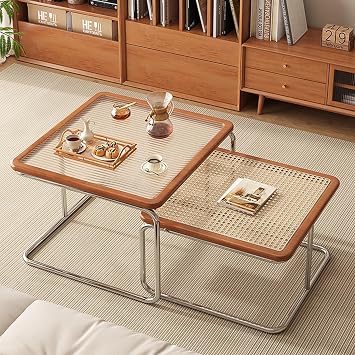 Nesting Coffee Table Set of 2 Square Simple Center Tables for Living Room Glass Coffee Tables Home Office BedroomCherry