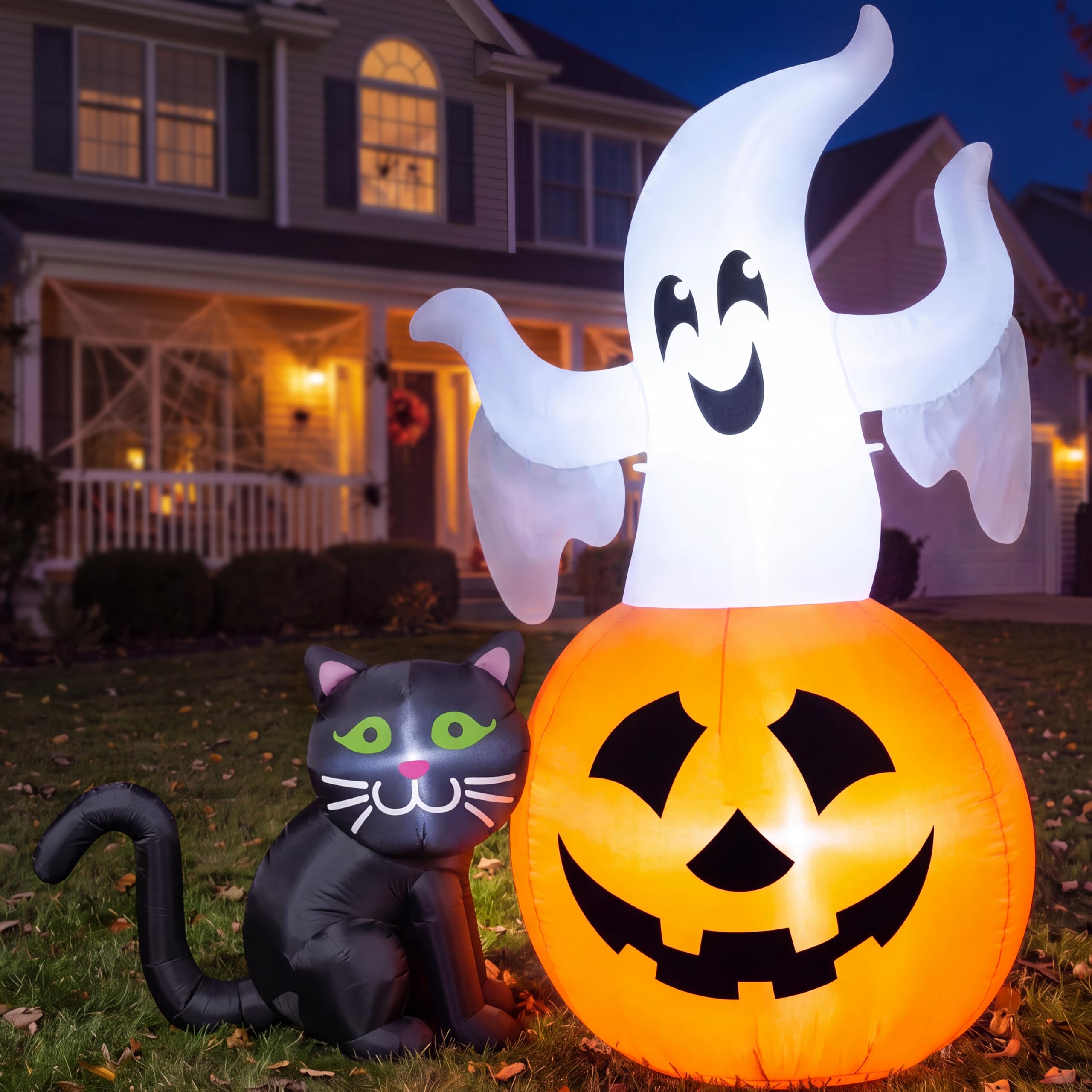 Joiedomi 5FT Halloween Inflatables Ghost Decorations, Lighted Ghost on Pumpkin with Black Cat Outdoor Decor, Halloween Blow Up Yard Decorations for Outside Patio Lawn Party Indoor Decor