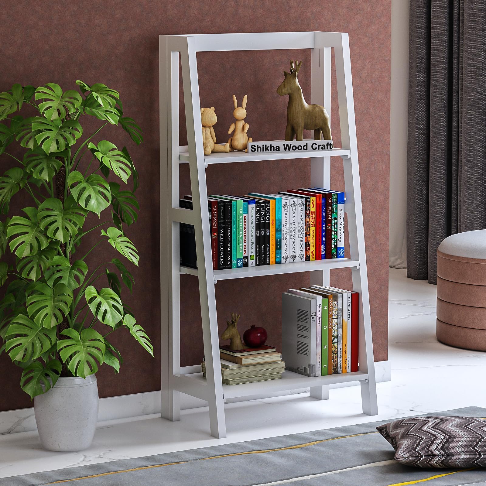Sheesham Wood 3 Tier Foldable Bookshelf | Multipurpose Wooden Adjustable Display Unit Storage Organizer Stand Furniture for Living Room, Home, Hotel, Lobby and Office (White)