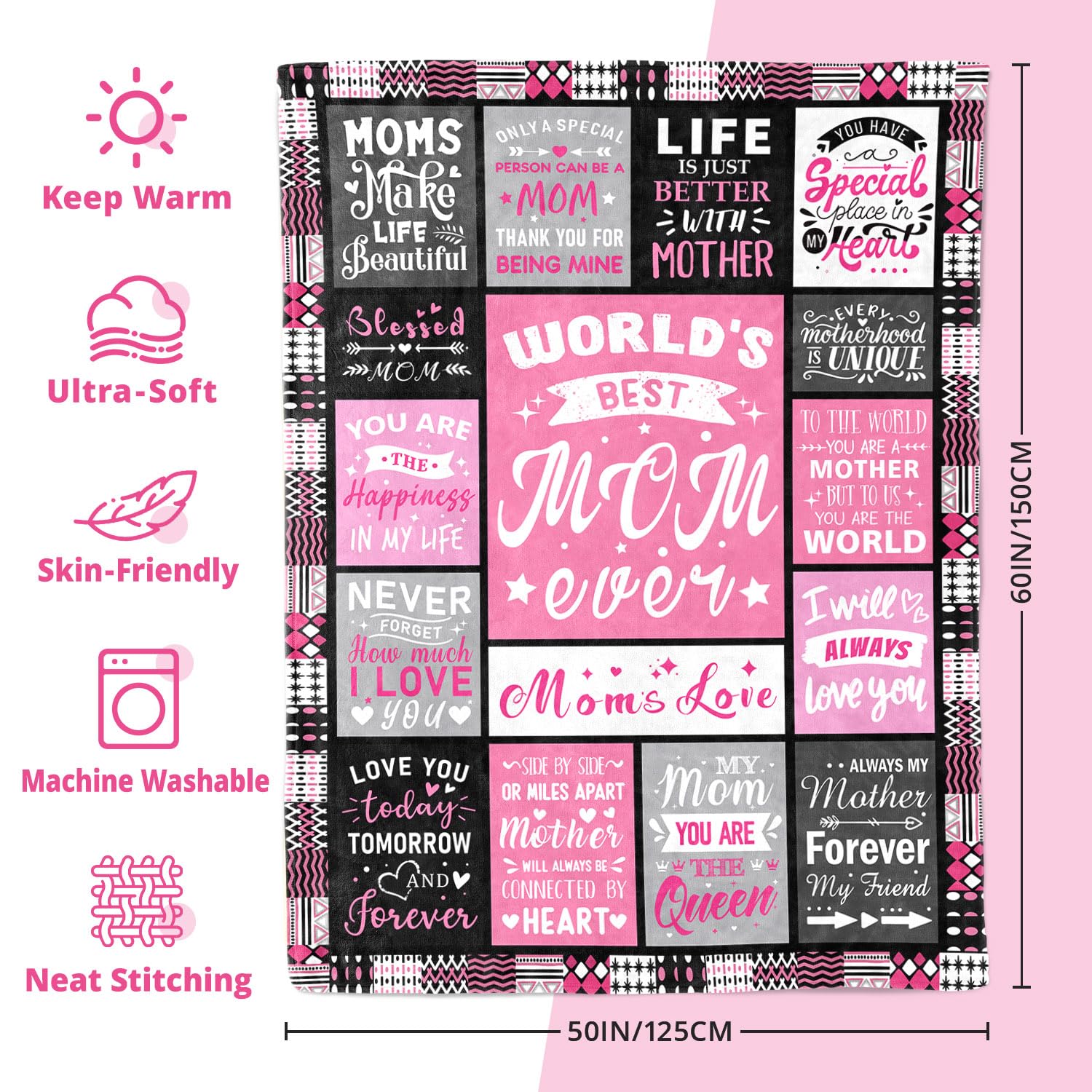Moms Birthday Gifts from Daughter Son - Blanket Gifts for Mom - World's Best Mom Ever Gifts - Christmas Valentines Day Mothers Day Birthday Present for Moms - Mother Life Blanket 50"x60"