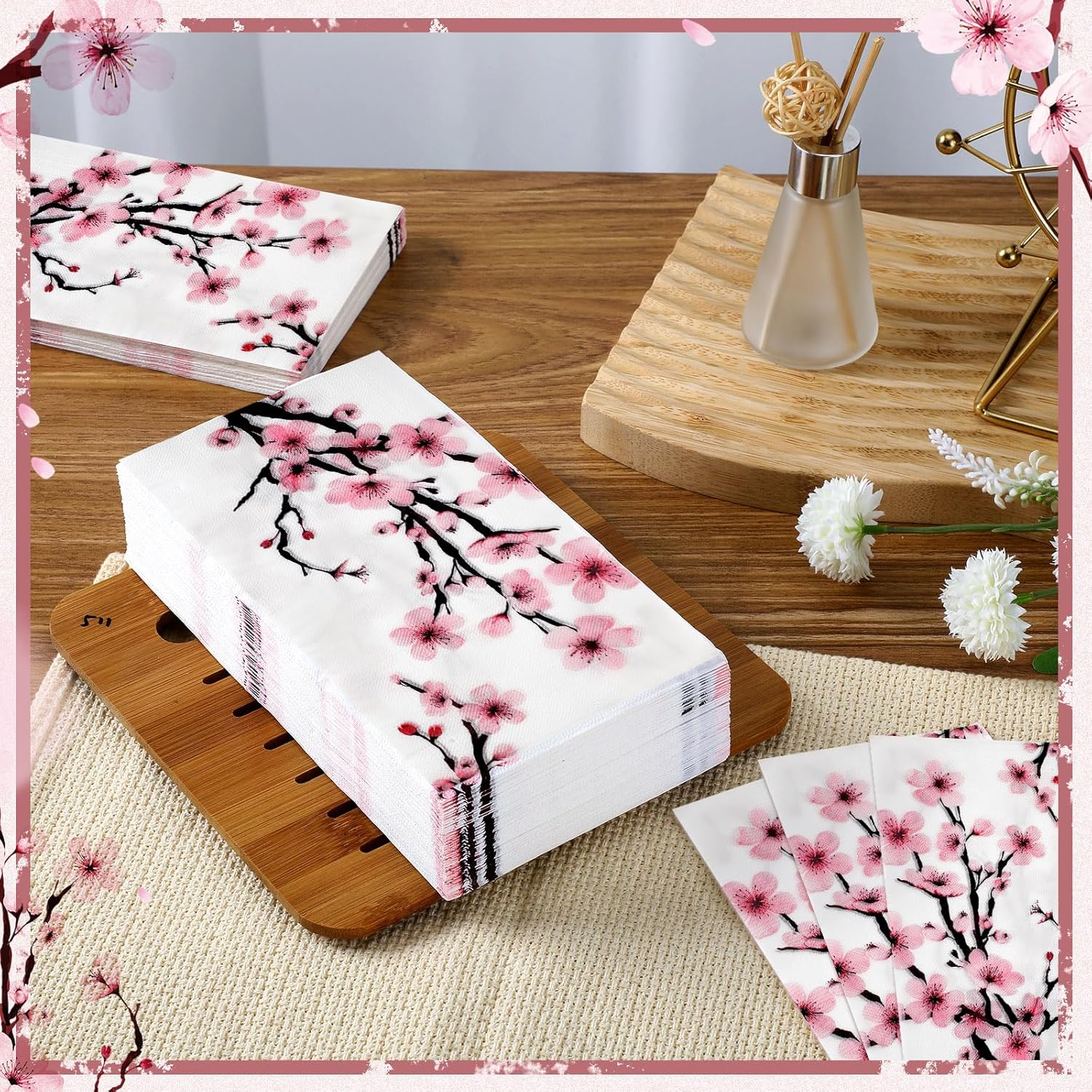 Spiareal 200 Pcs Disposable Paper Hand Towels, Pink Cherry Blossom Decorative Guest Napkins, Floral Paper Napkins for Bathroom, Wedding, Party, Bridal Shower, Birthday, Dinner