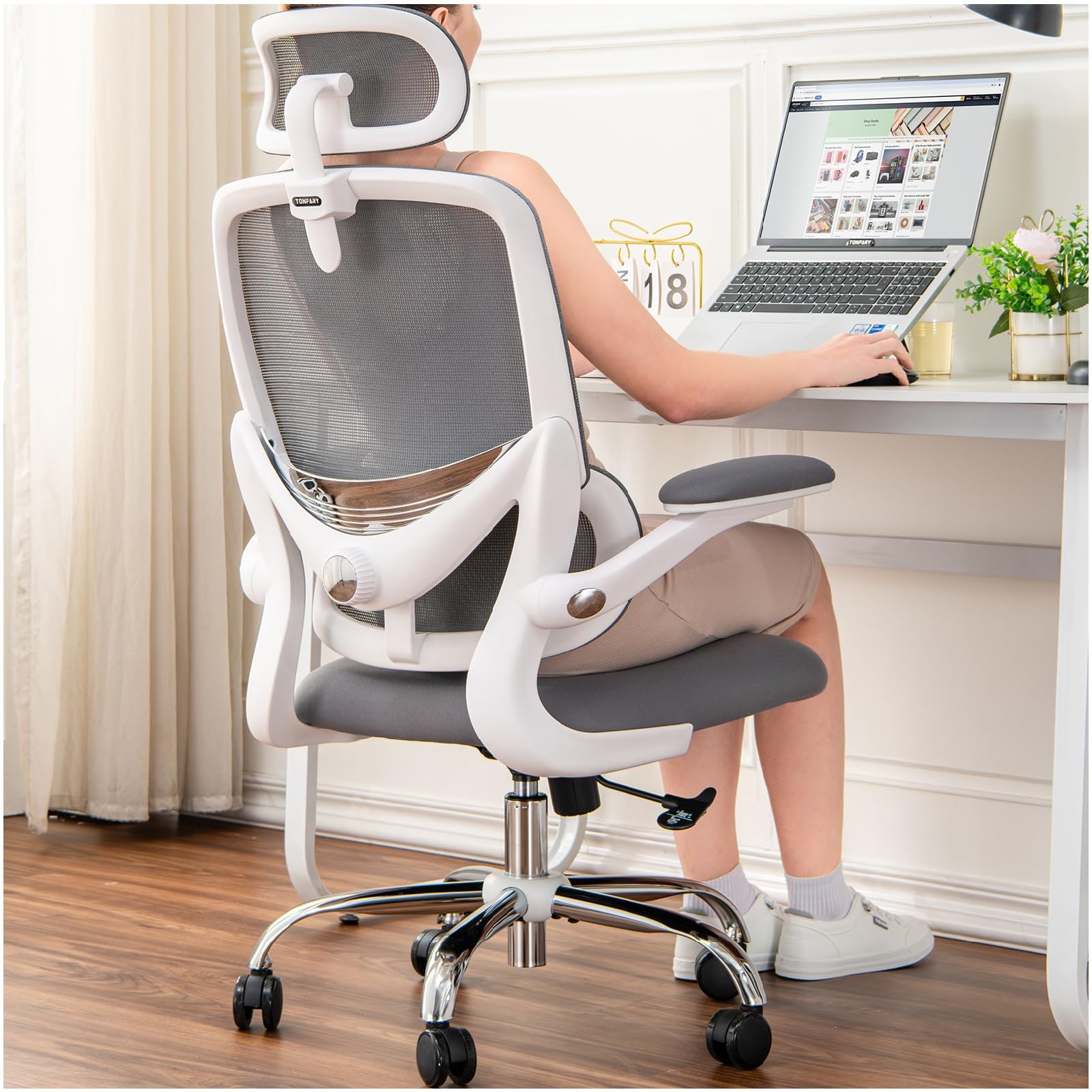 Ergonomic Home Office Chair, High Back Mesh Desk Chair with Adjustable Lumbar Support, Flip-up Armrest, Removable Headrest, Swivel Computer Gaming Chair, Space Saving, 150KG (White+Grey) - White+Grey