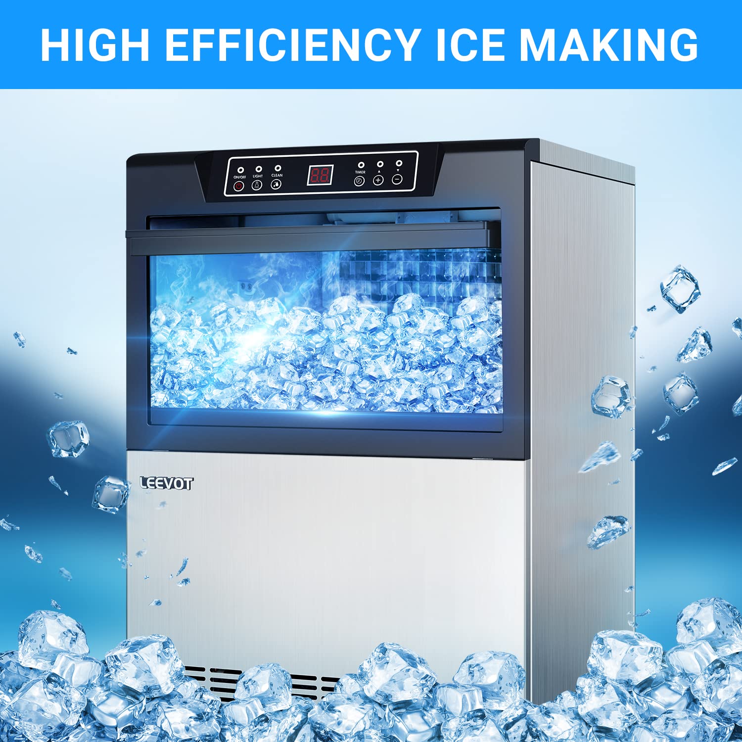 LEEVOT Profi Eiswürfelmaschine - Home Eismaschine 60kg in 24h, 480 Watt, Schaufel, Tube, LED, selbstreinigend, Blue-ray Desinfektion, ST Klimaklasse, Silber