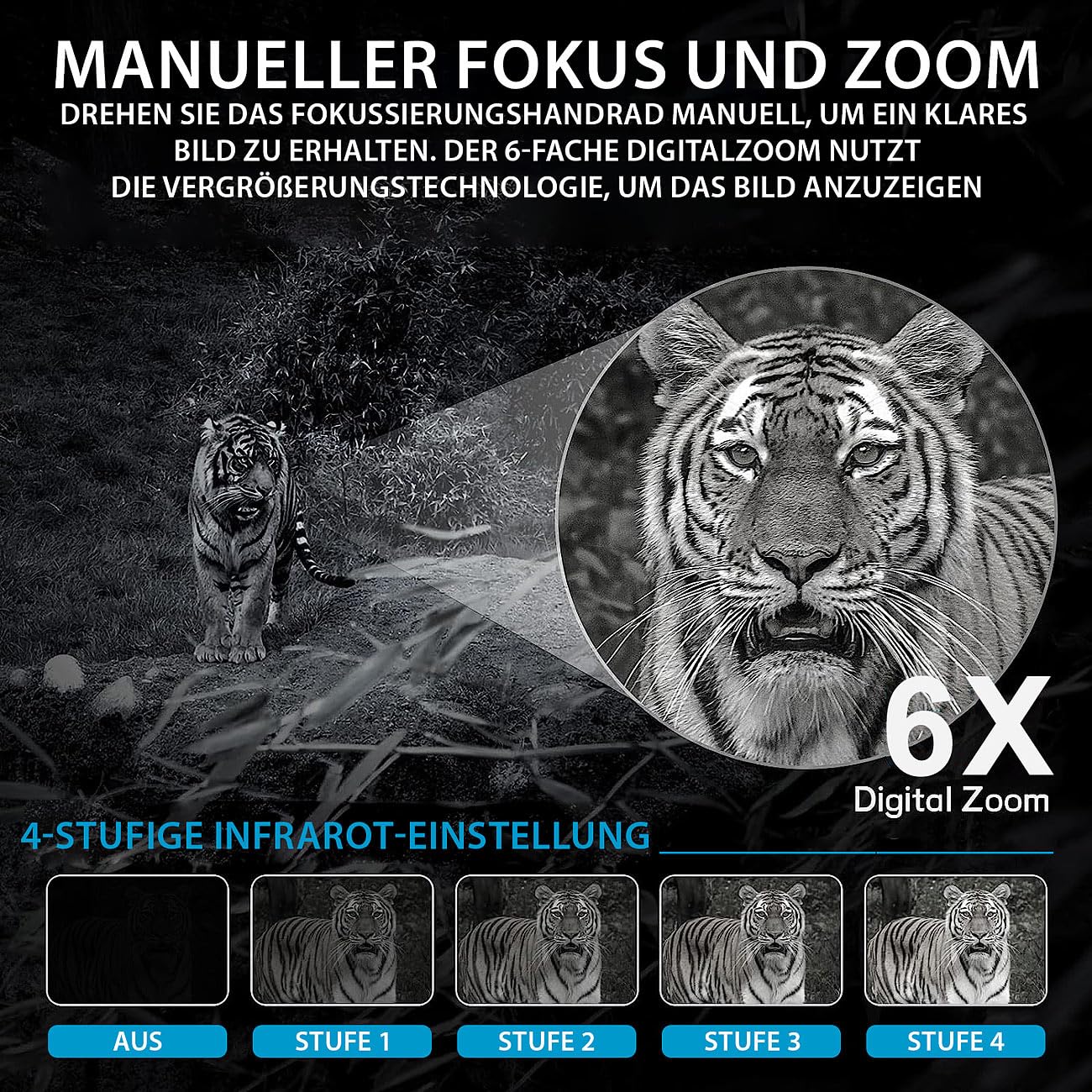 Zavarius Infrarotkamera 4K Binokulares Akku-Nachtsichtgerät bis 500 m IR-Sichtweite